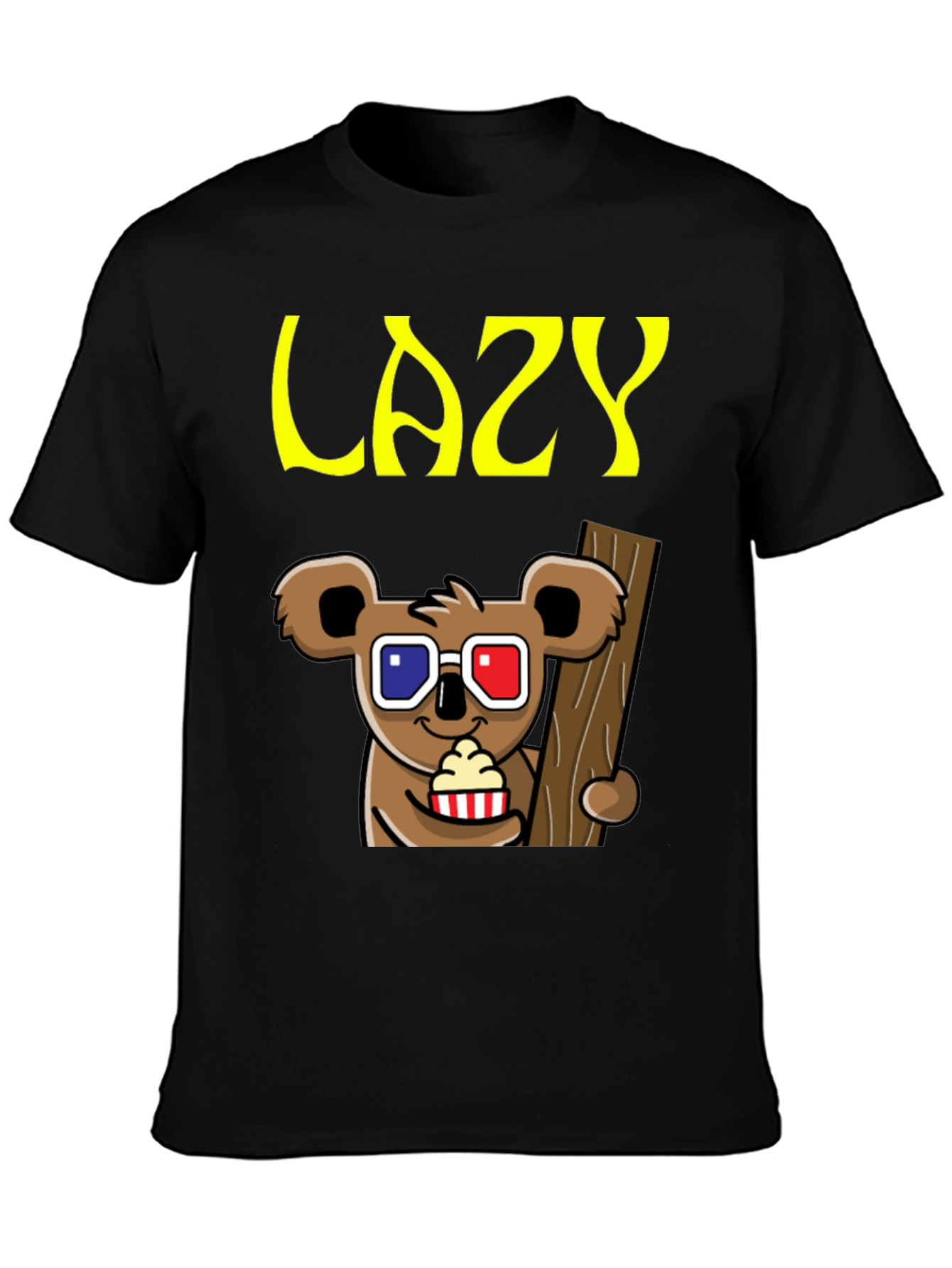 Black Lazy Koala 3D Glasses T-Shirt view 3
