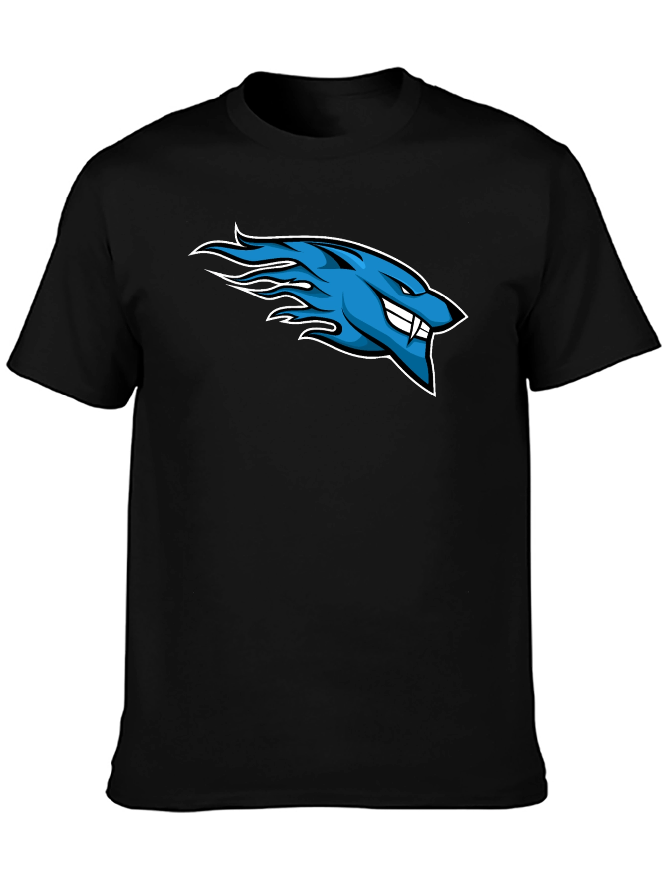 Black Men's Black T-Shirt with Blue Flaming Wolf Design view 3