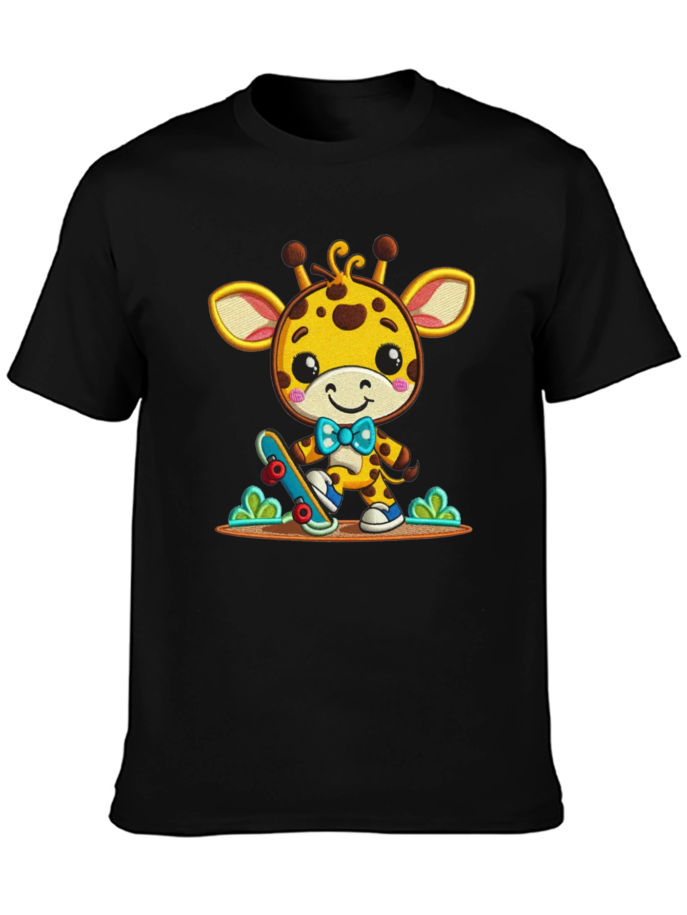 Black Cute Giraffe Skateboarder Graphic Tee view 3