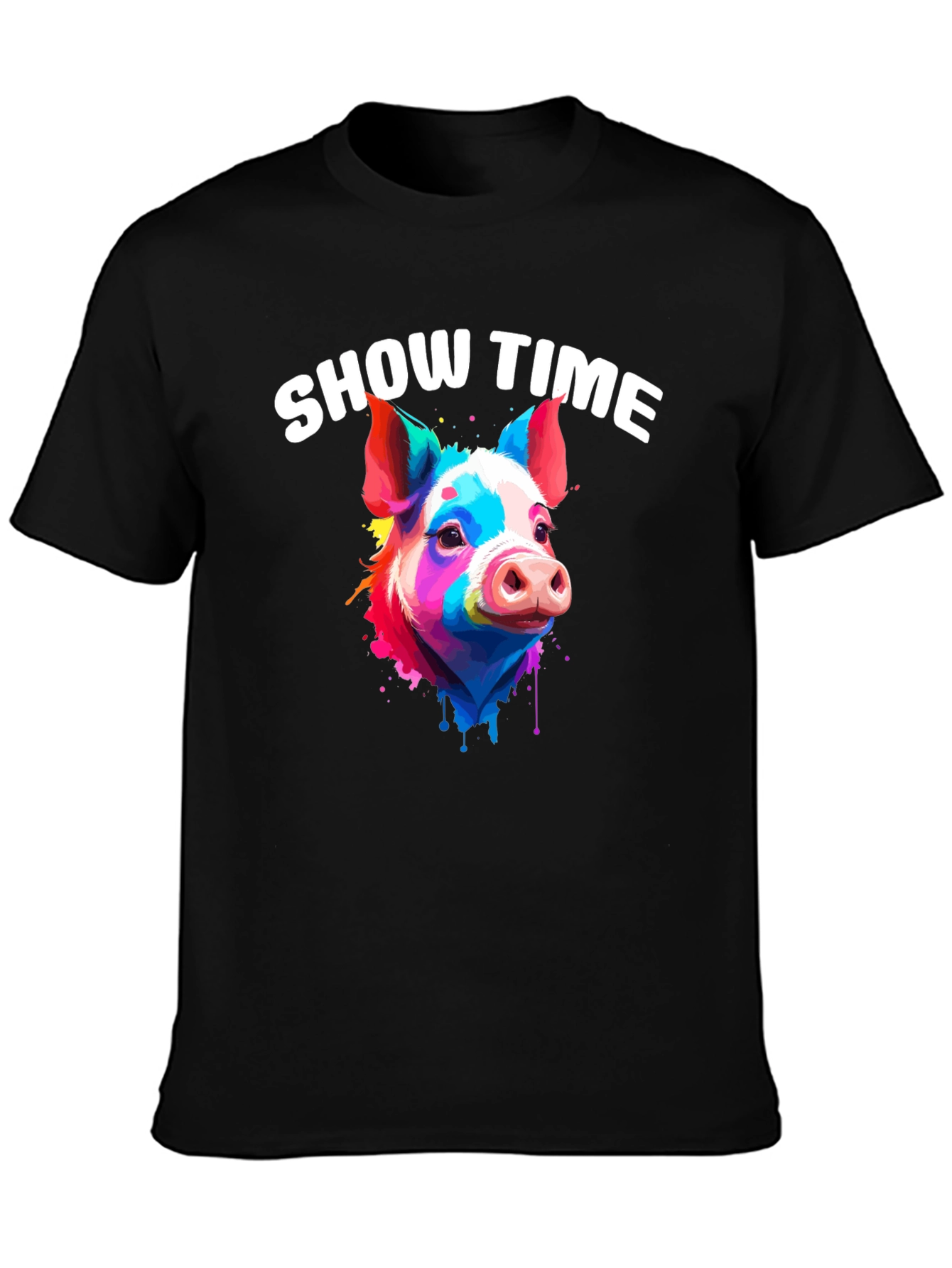 Black Show Time Pig T-Shirt: Colorful Animal Graphic Tee view 3