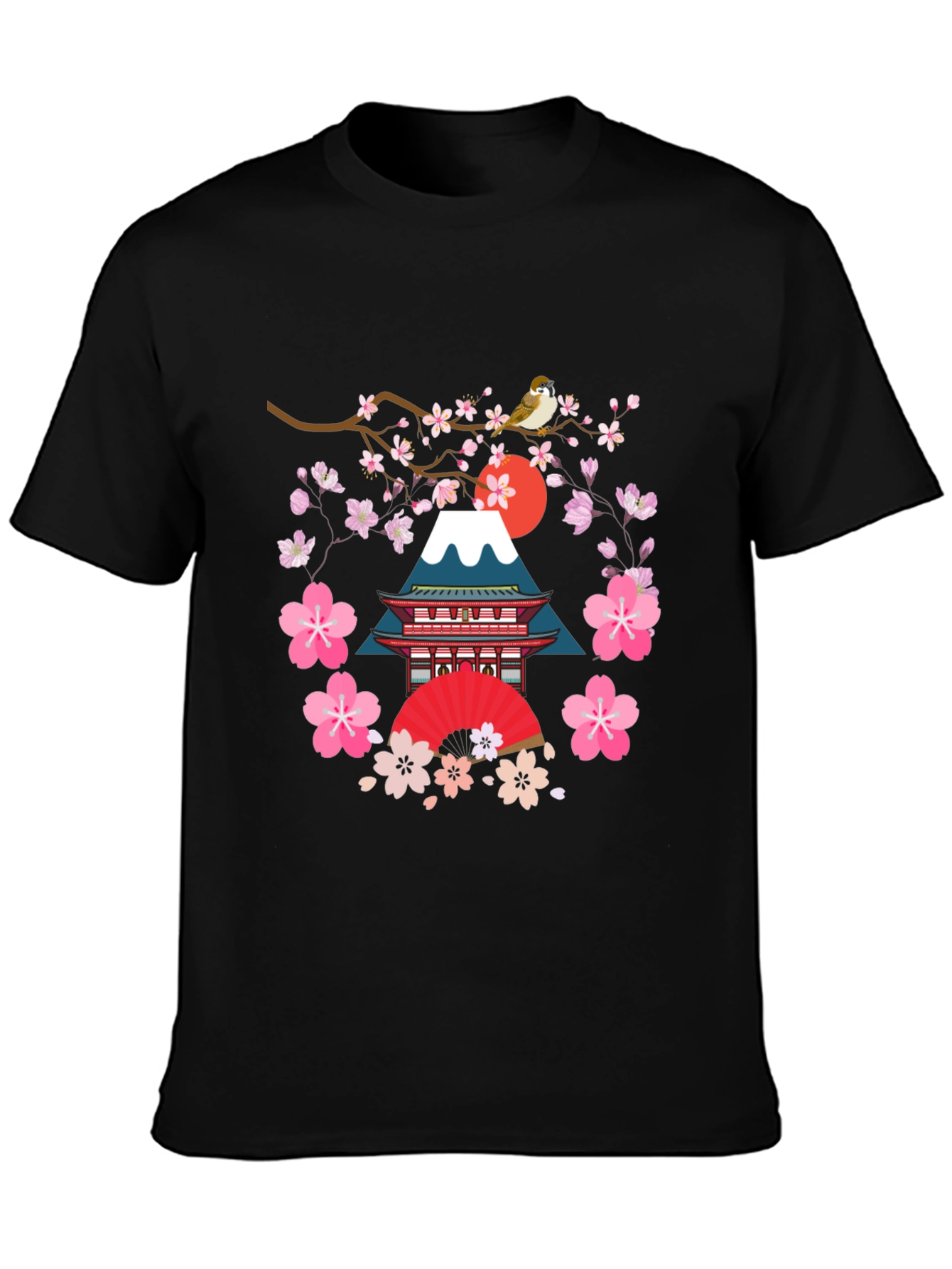 Black Japanese Art T-Shirt - Bird, Blossoms, and Mountain view 3