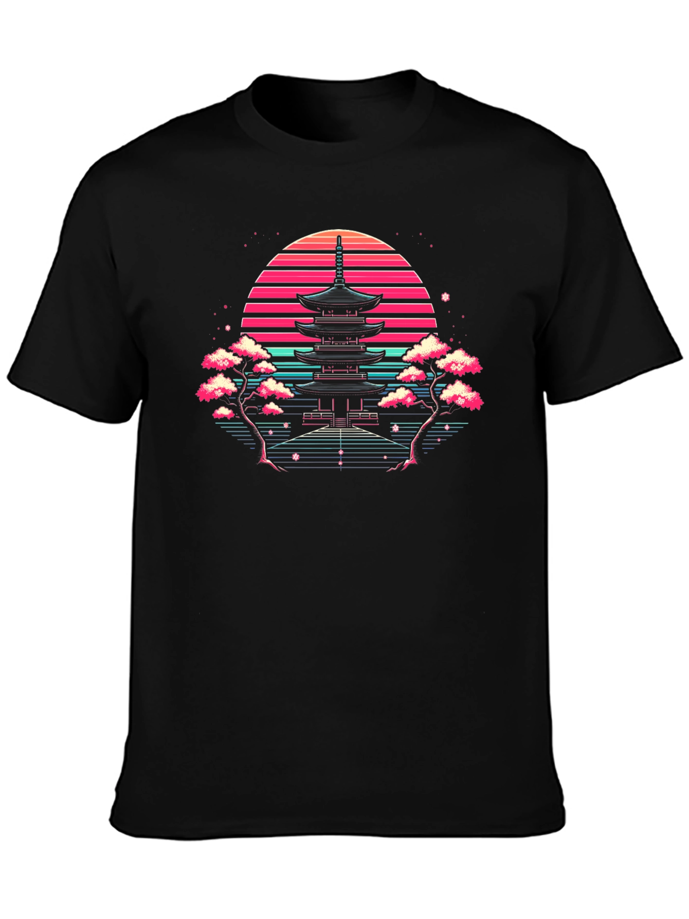 Black Retro Japanese Temple Sunset T-Shirt view 3