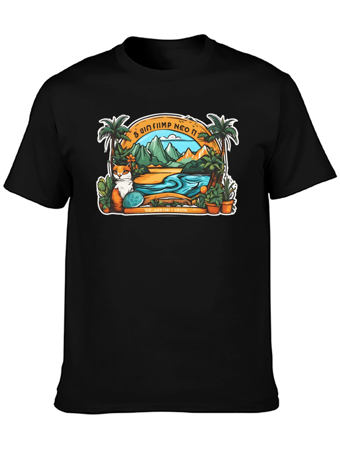 Black Tropical Cat Paradise Black T-Shirt view 3
