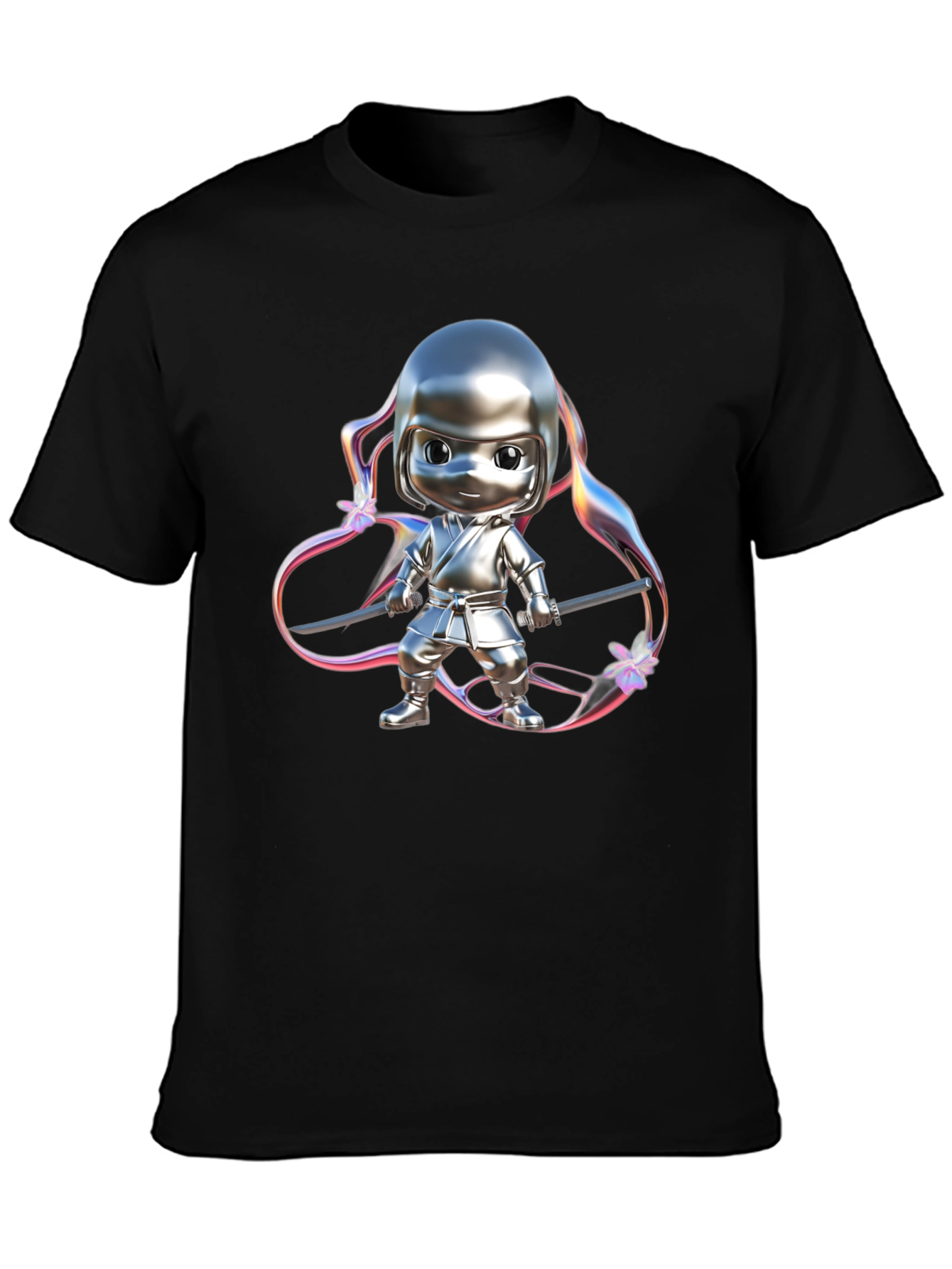 Black Ninja Cartoon Graphic Black T-Shirt view 3