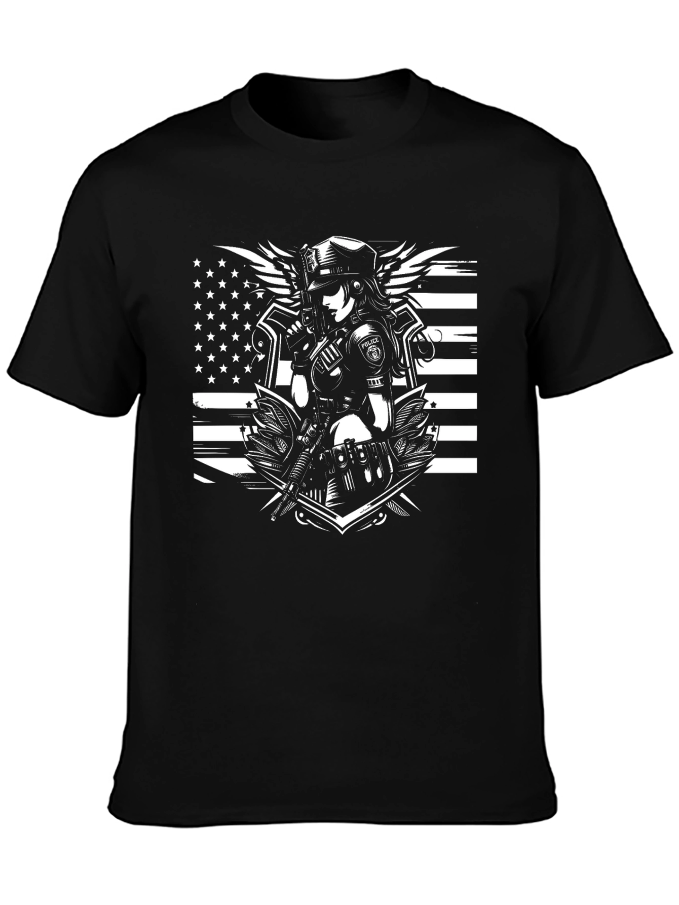 Black Police Woman Graphic T-Shirt - Black Crew Neck Tee view 3