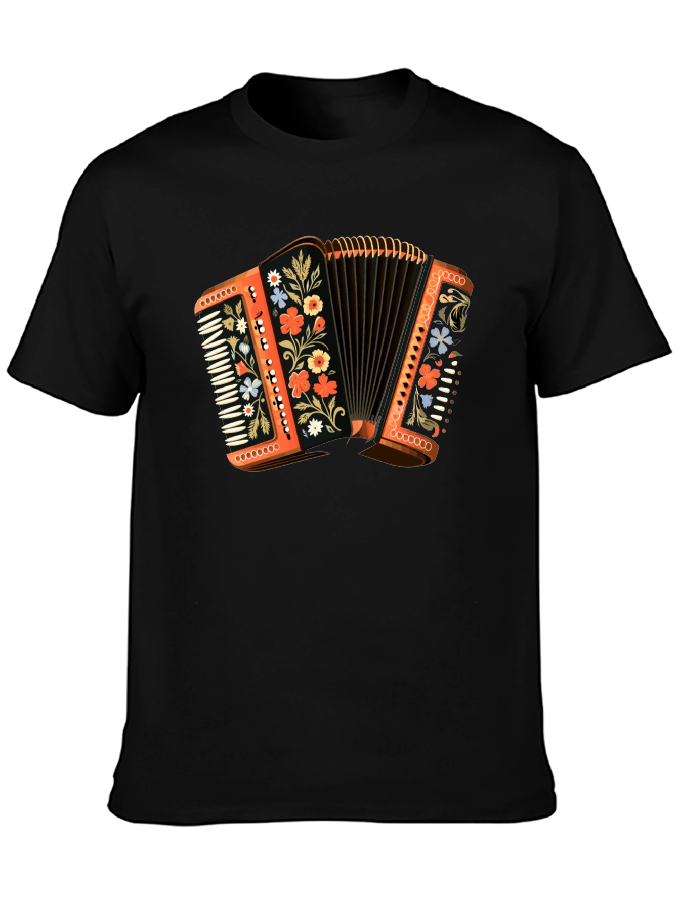 Black Accordion Floral T-Shirt - Music Lover Gift view 3