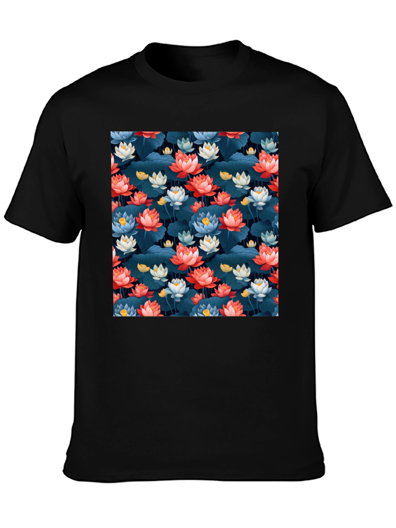 Black Lotus Flower Print Black T-Shirt view 3