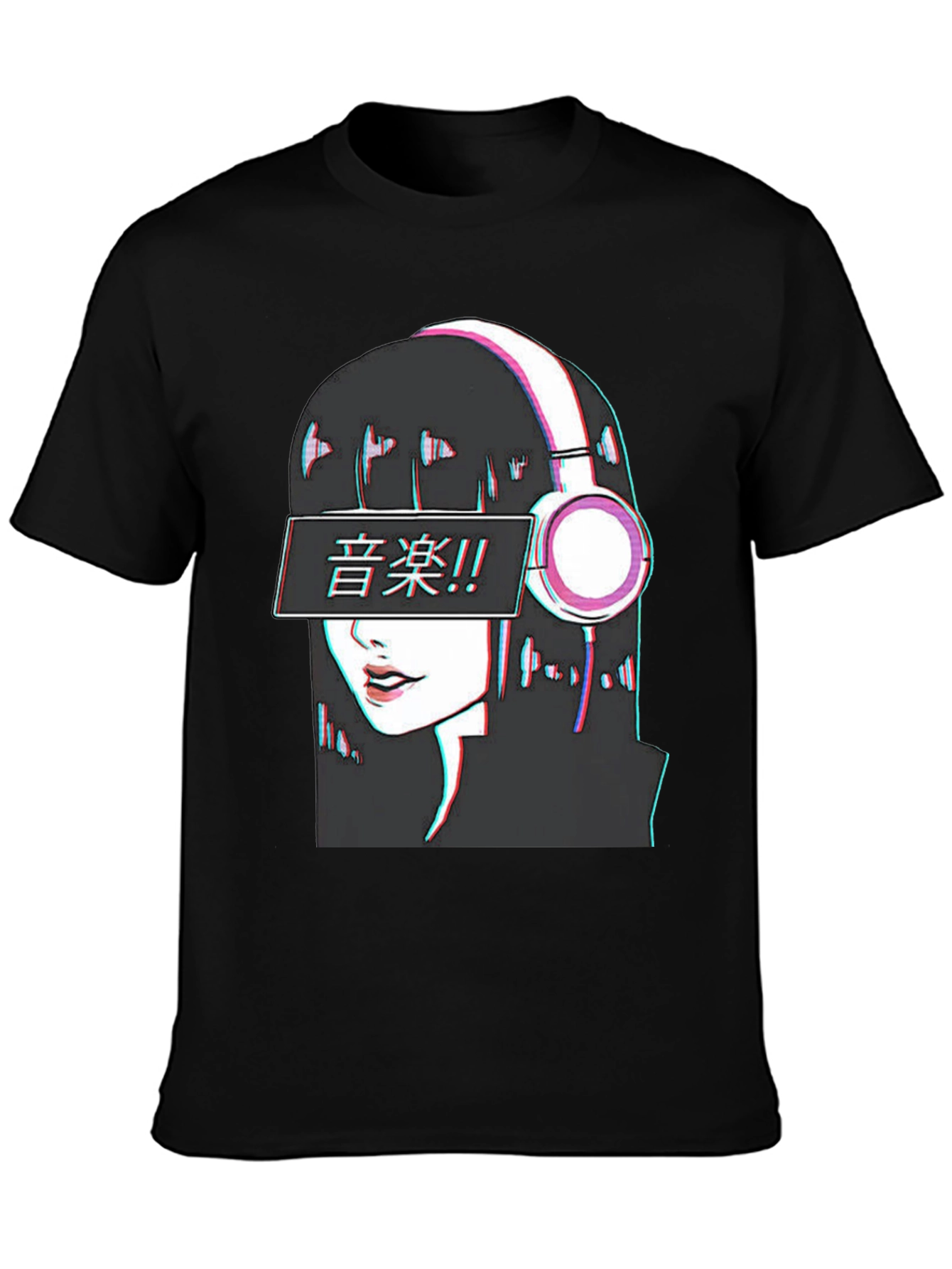 Black Anime Girl Music T-Shirt - Glitch Effect view 3
