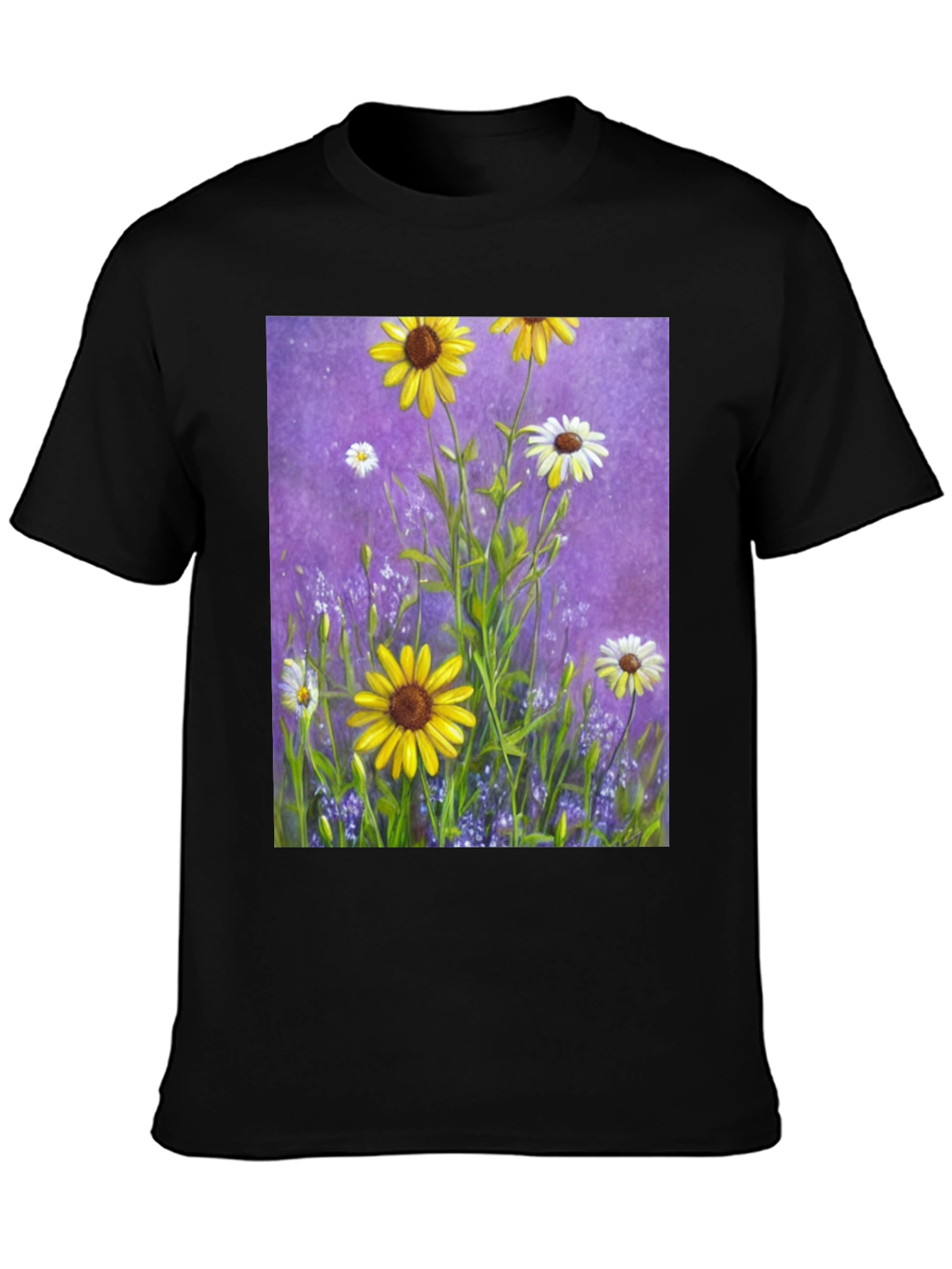 Black Floral Garden T-Shirt: Vibrant Sunflower Meadow Design view 3