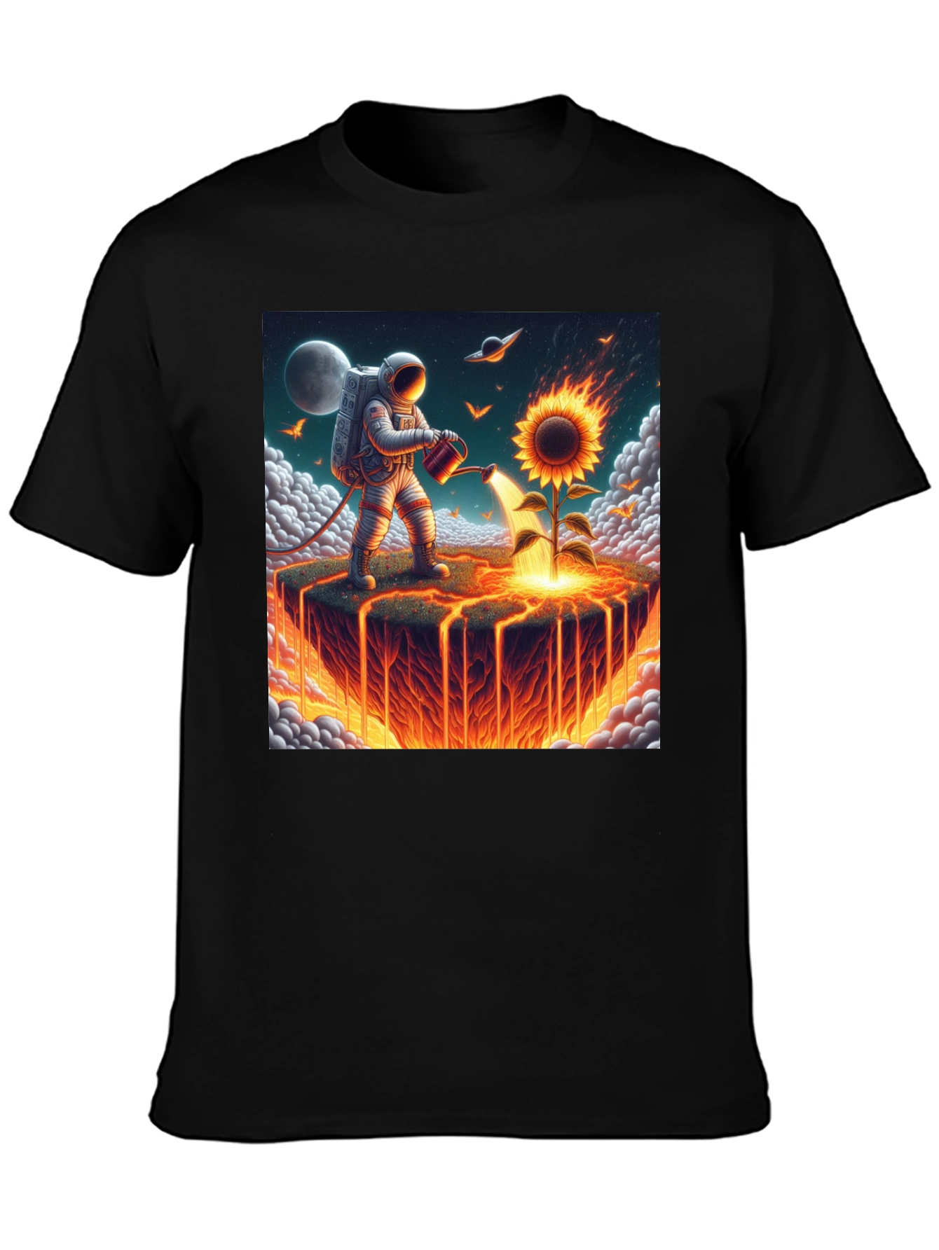 Black Astronaut Watering Fire Sunflower T-Shirt view 3