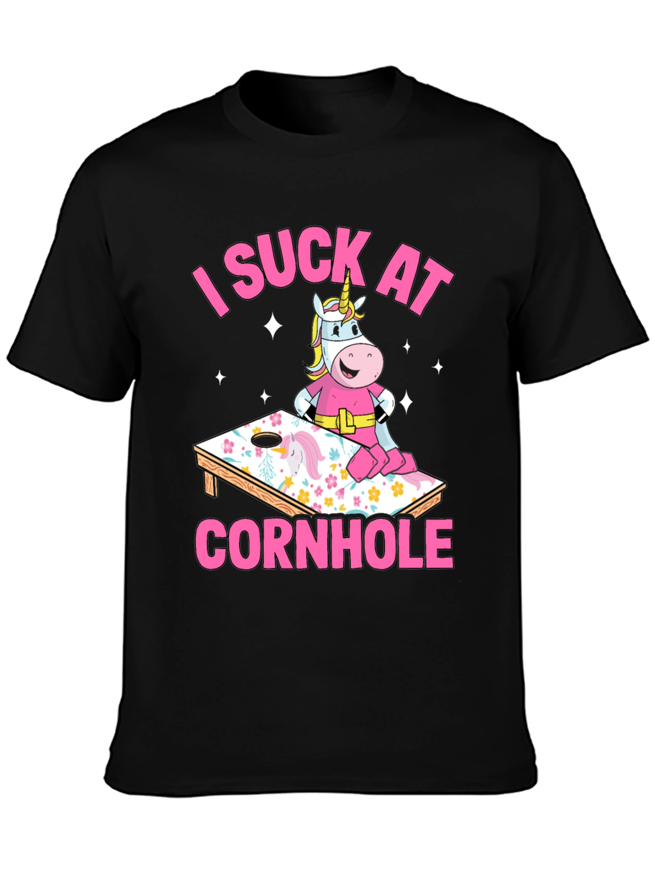 Black I Suck At Cornhole Unicorn T-Shirt view 3