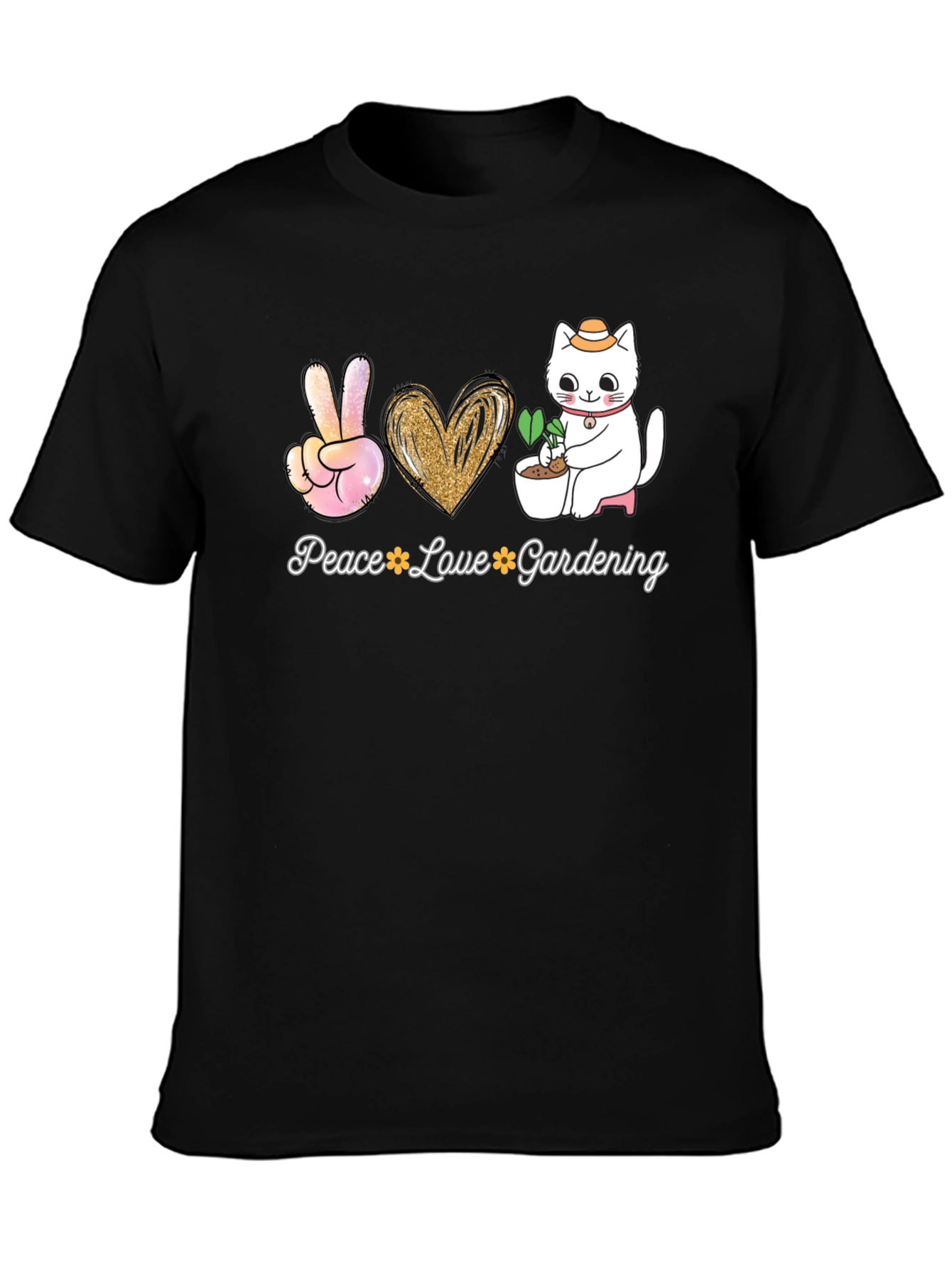 Black Peace Love Gardening T-Shirt - Cat Lover Tee view 3