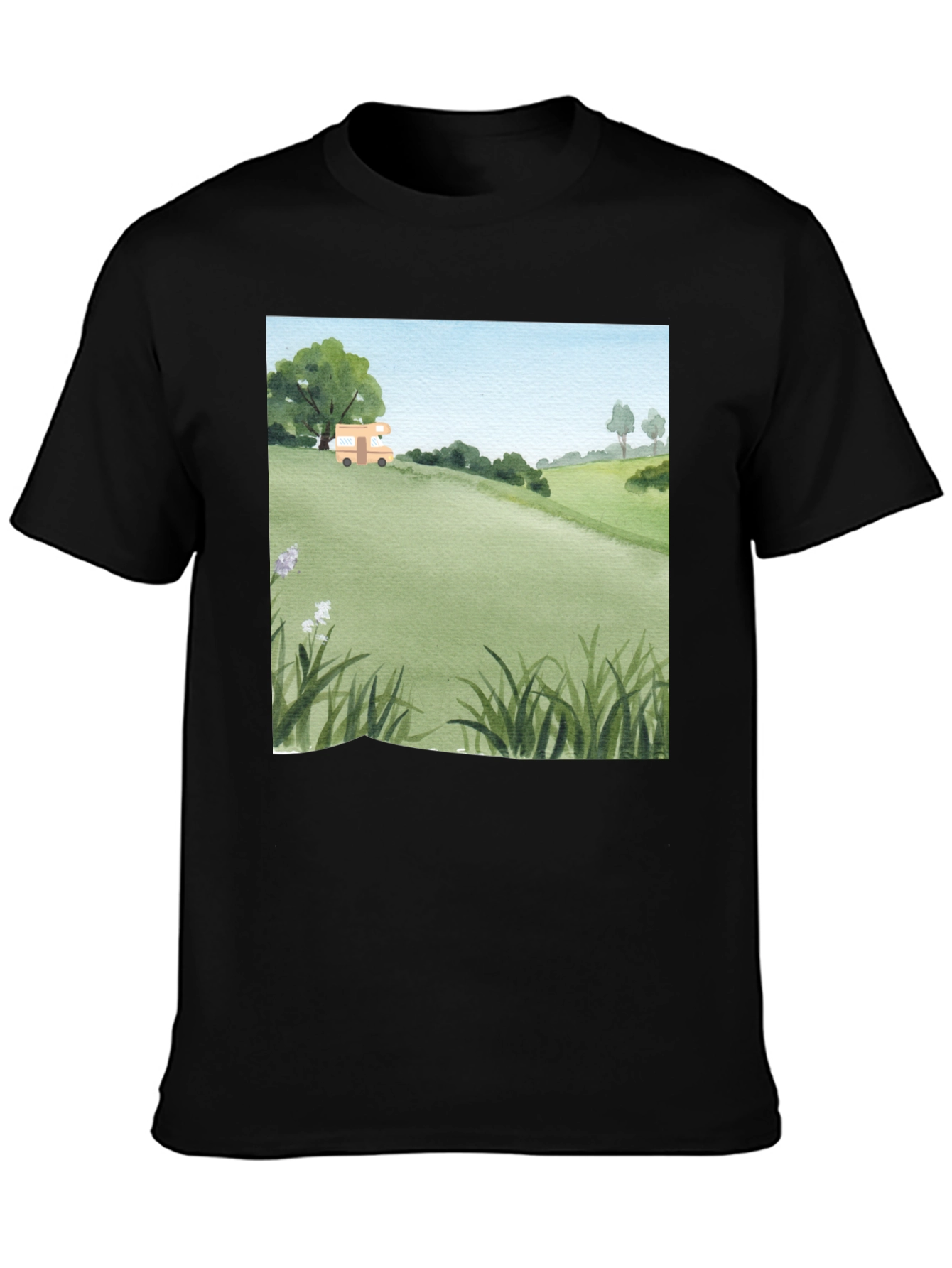Black Watercolor Landscape Camper T-Shirt view 3