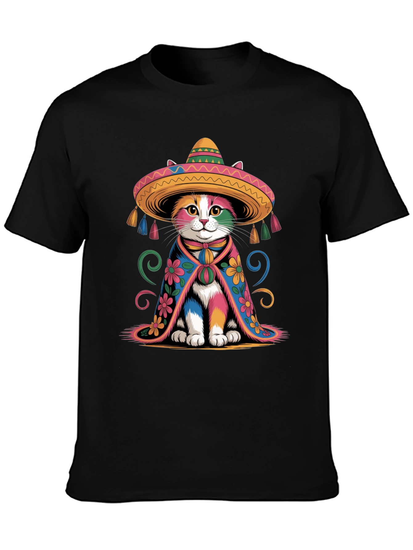 Black Colorful Cat Sombrero T-Shirt view 3