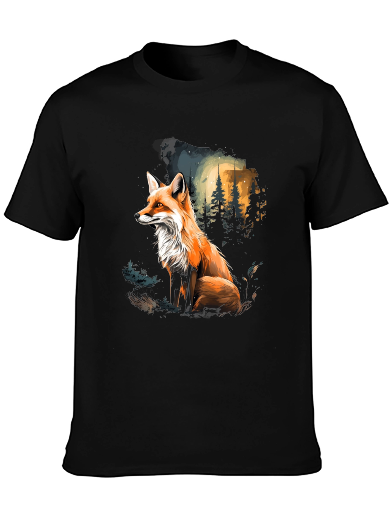 Black Fox in Forest Graphic Tee - Stylish Black T-Shirt view 3