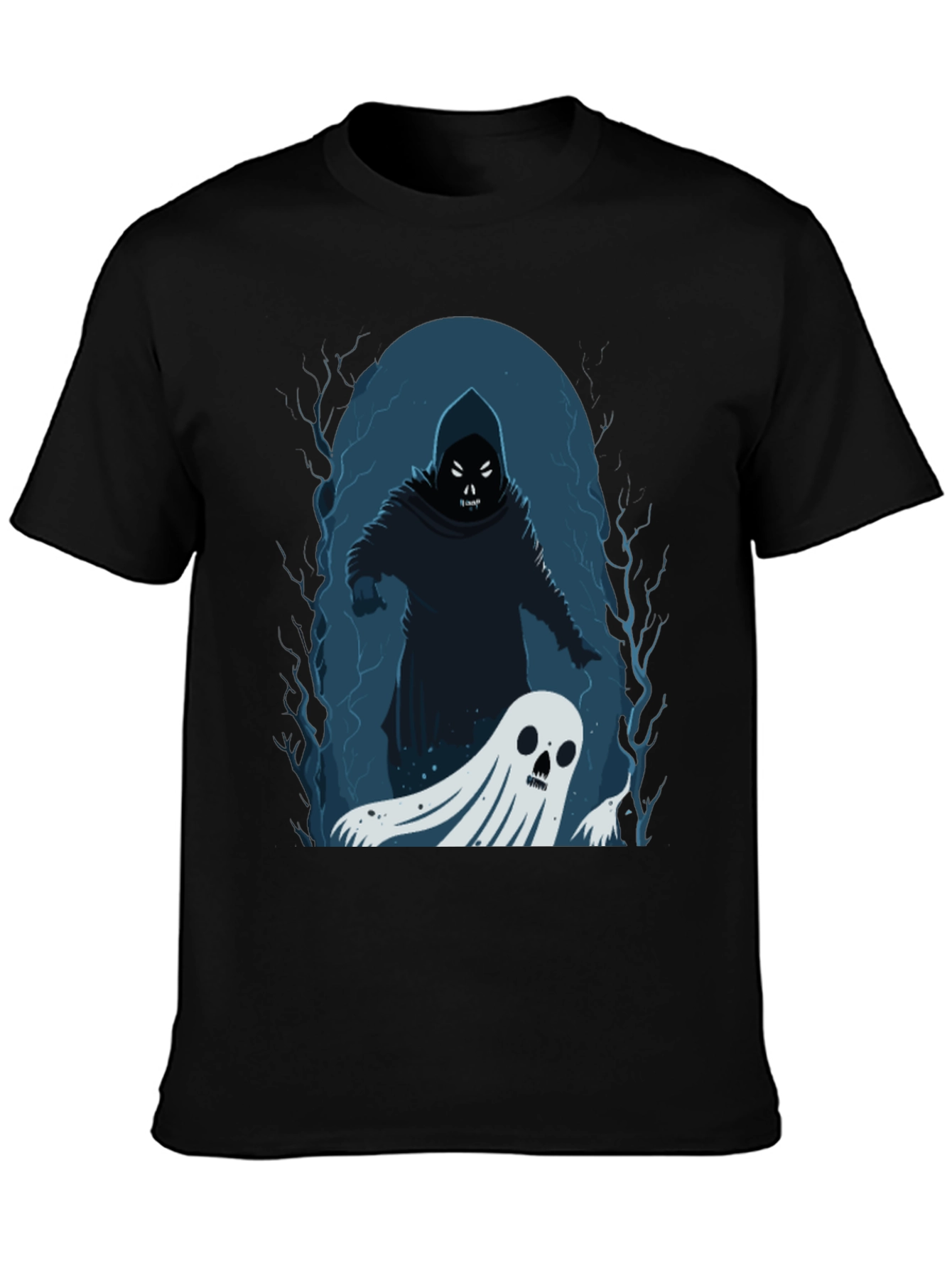Black Spooky Grim Reaper & Ghost Black T-Shirt view 3