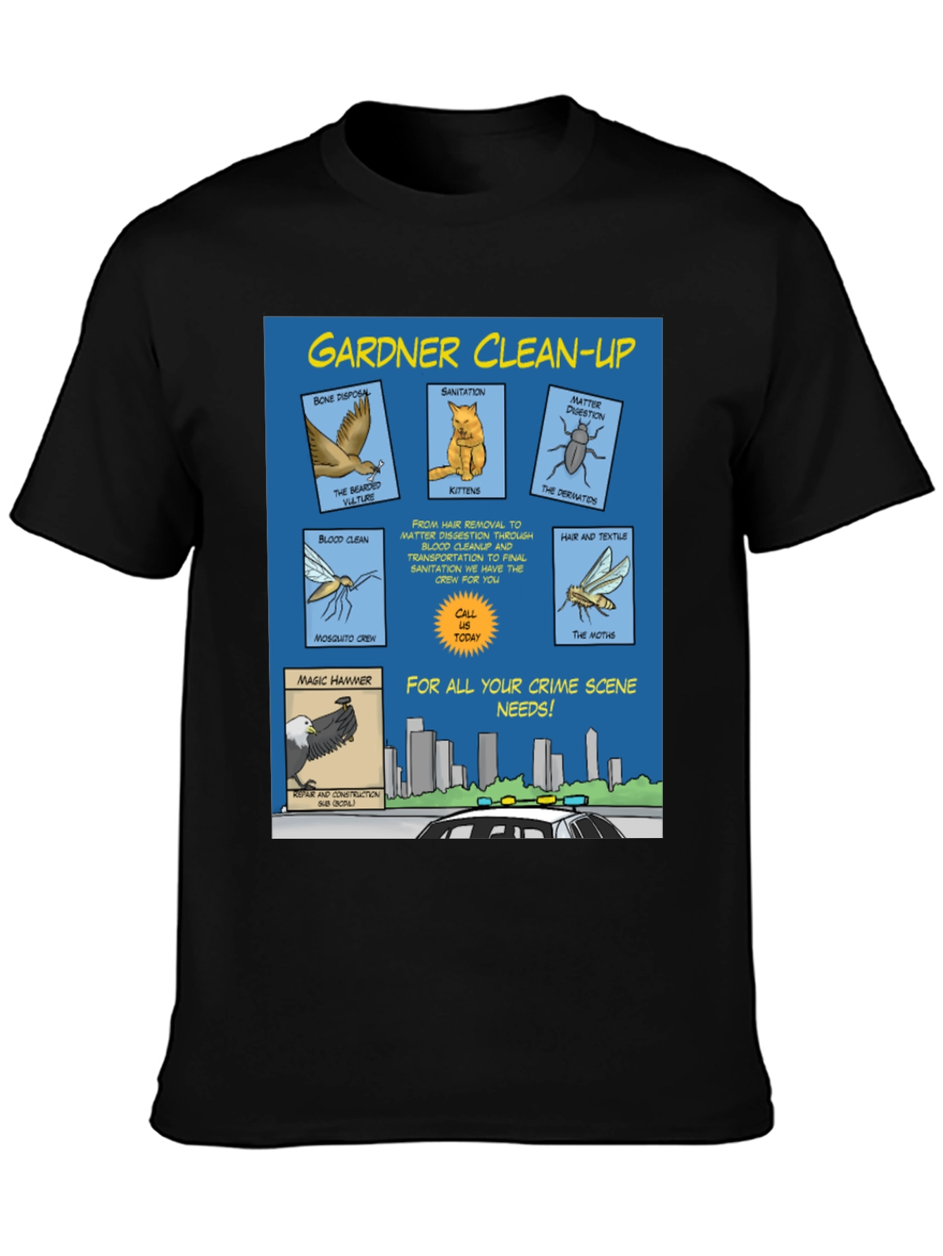 Black Gardner Clean-Up T-Shirt - Crime Scene Cartoon view 3