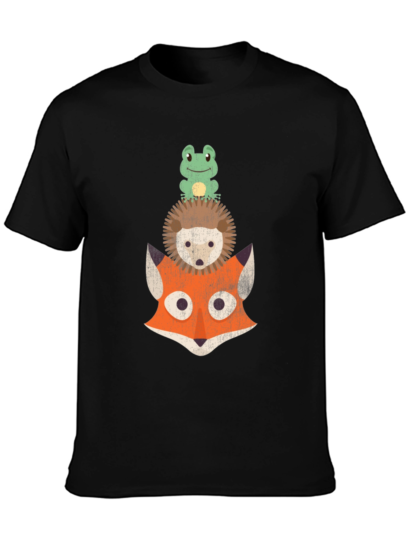 Black Stacked Animal Tee: Frog, Hedgehog, and Fox Design T-Shirt view 3