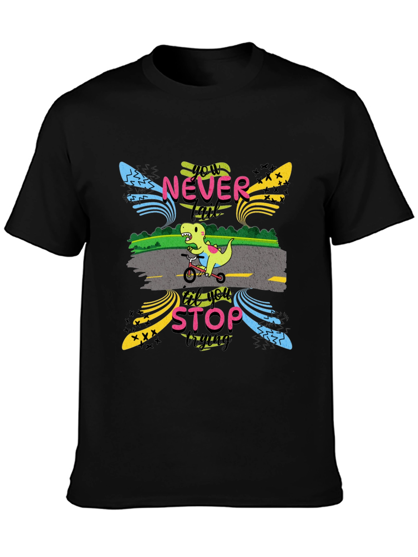 Black Never Stop Trying T-Shirt: Dino on Bike view 3