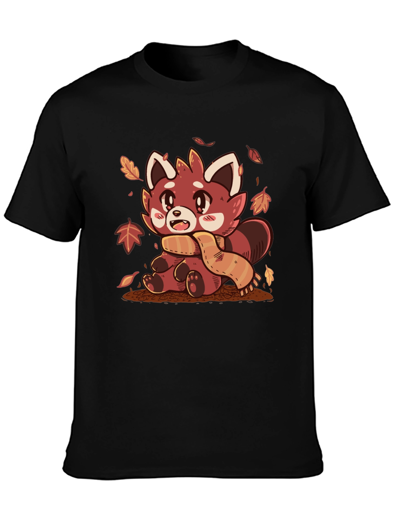 Black Red Panda Scarf Fall Leaves Graphic T-Shirt view 3