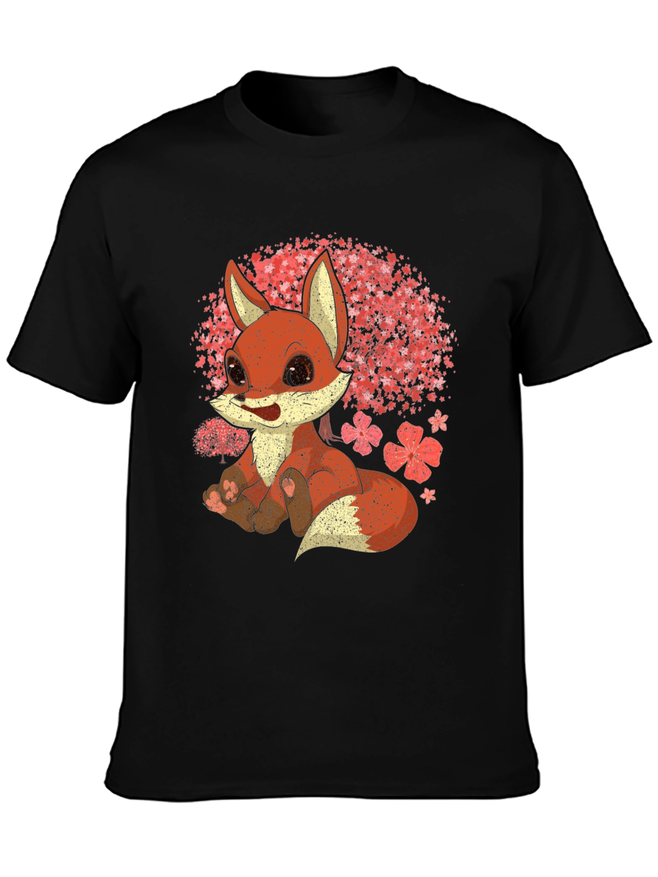 Black Cute Fox T-Shirt - Cherry Blossom Design view 3