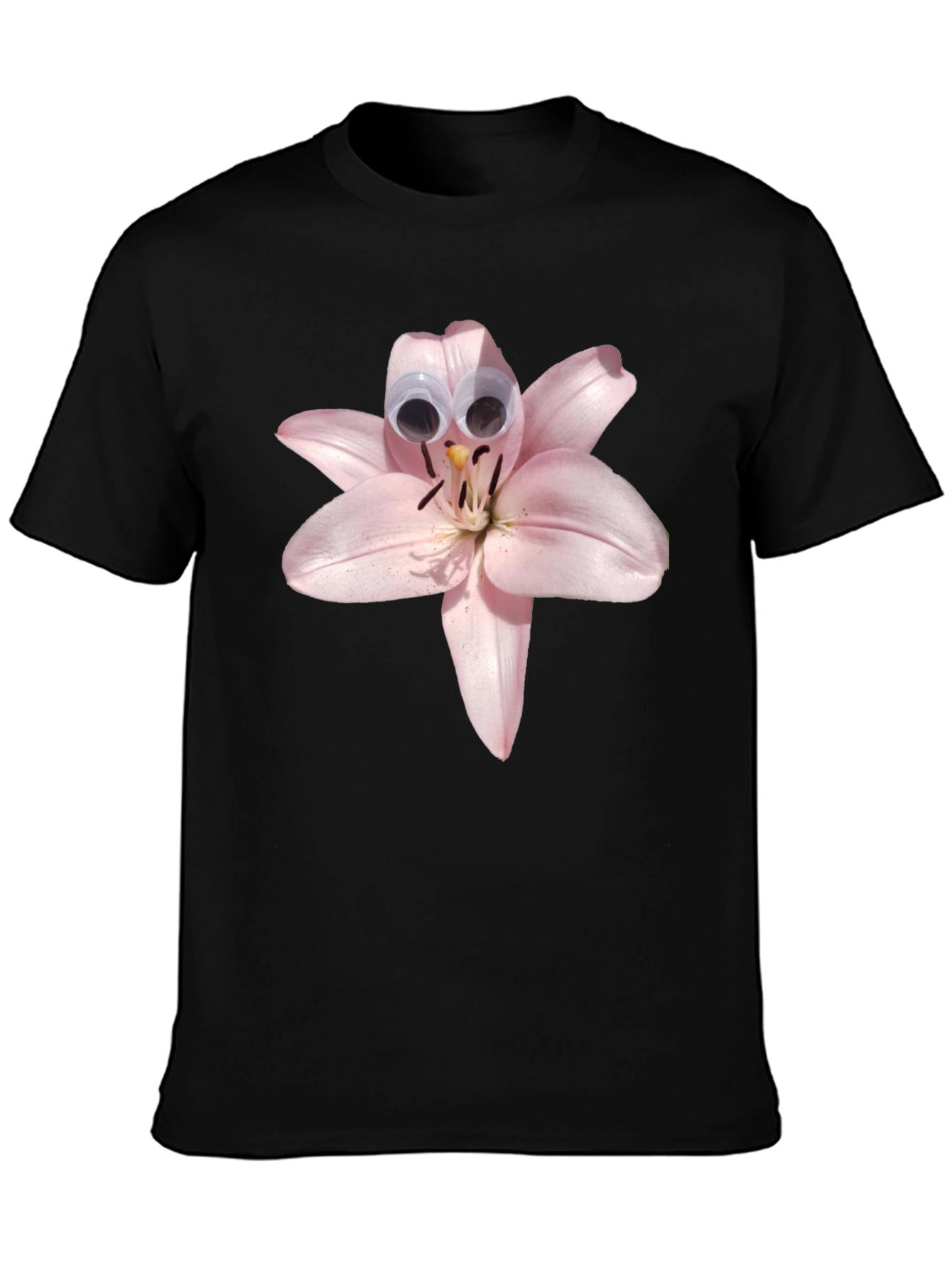 Black Floral Humor Tee: Lily with Googly Eyes view 3
