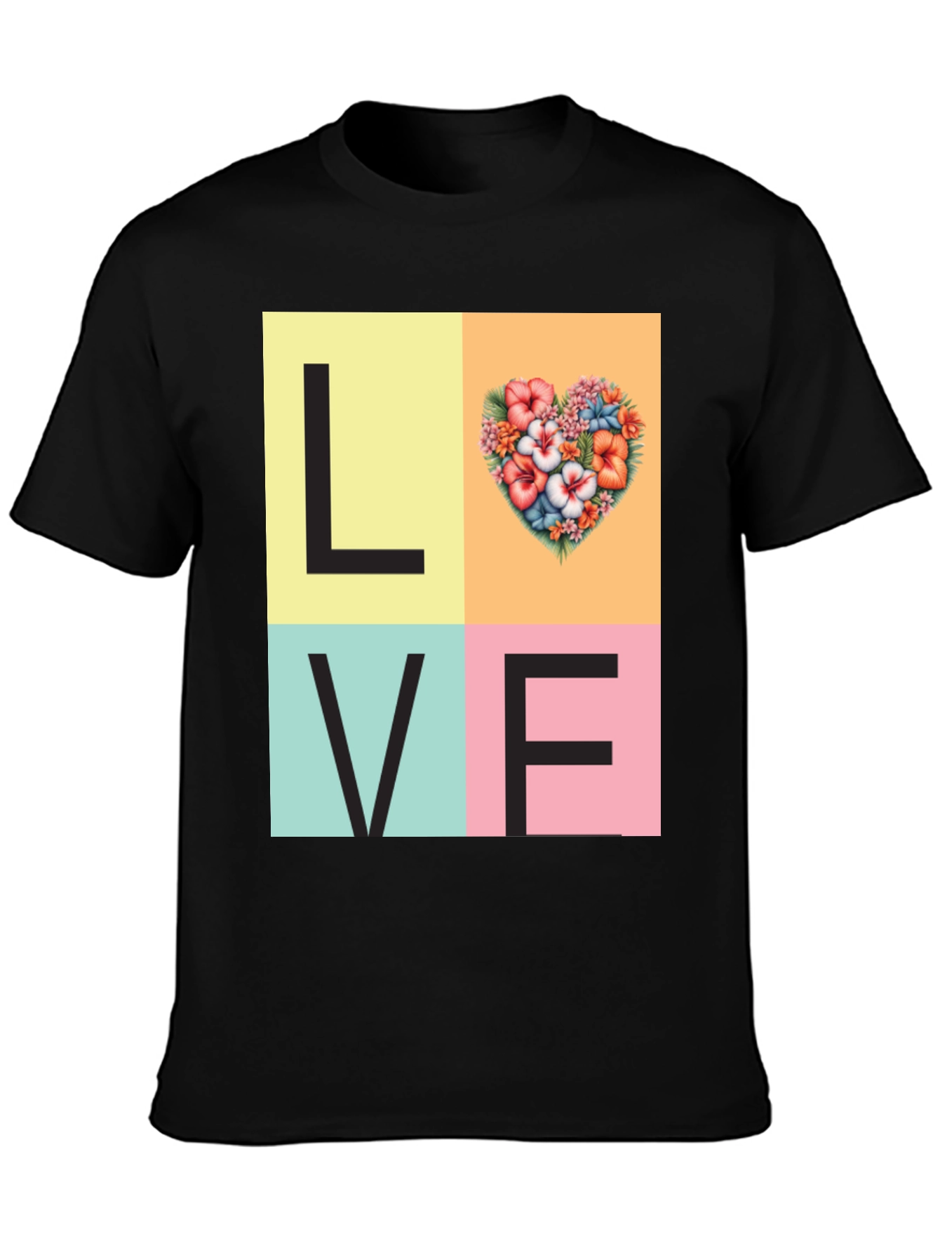 Black Floral Heart LOVE Graphic Tee - Unisex Casual T-Shirt view 3