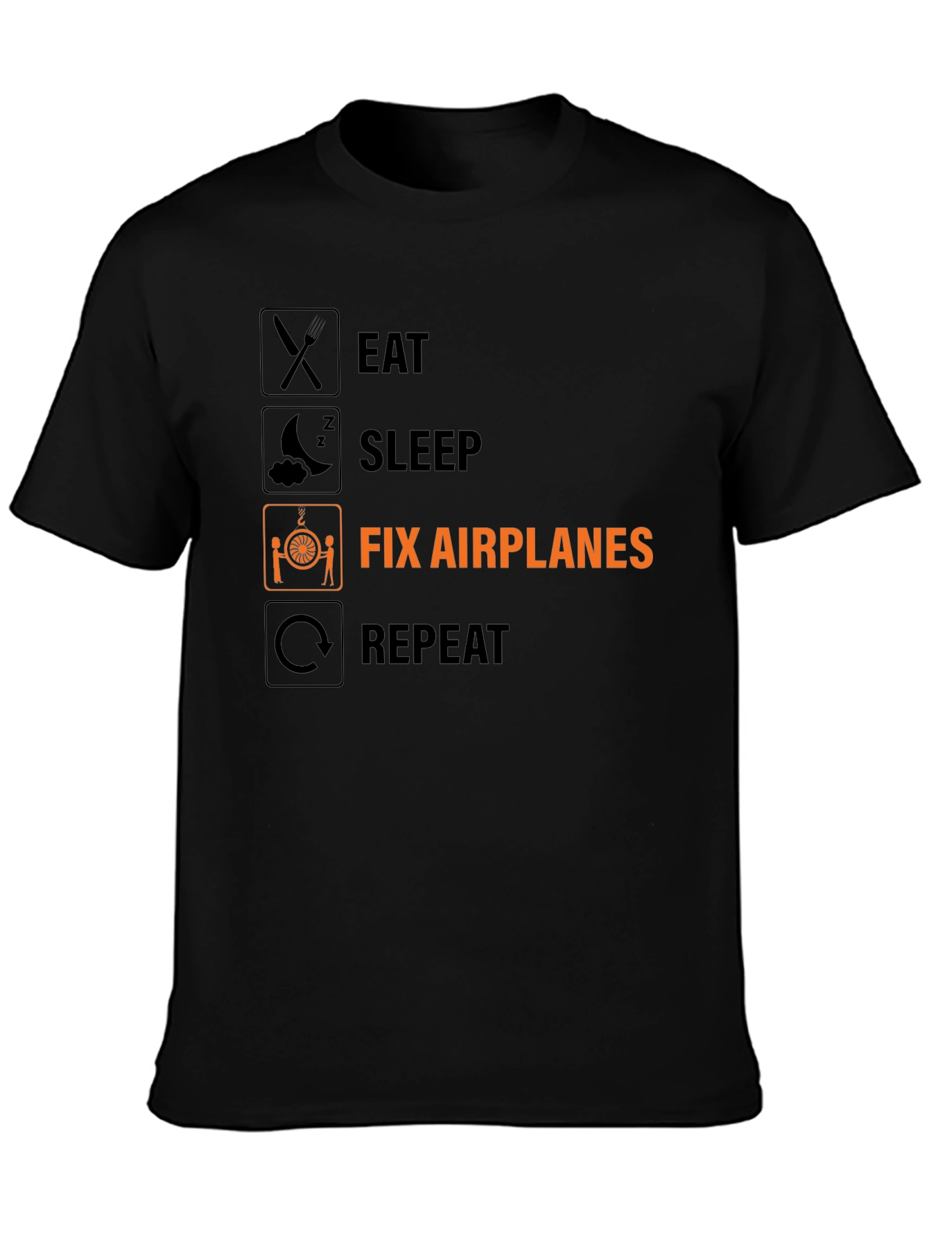 Black Eat Sleep Fix Airplanes Repeat Black T-Shirt view 3