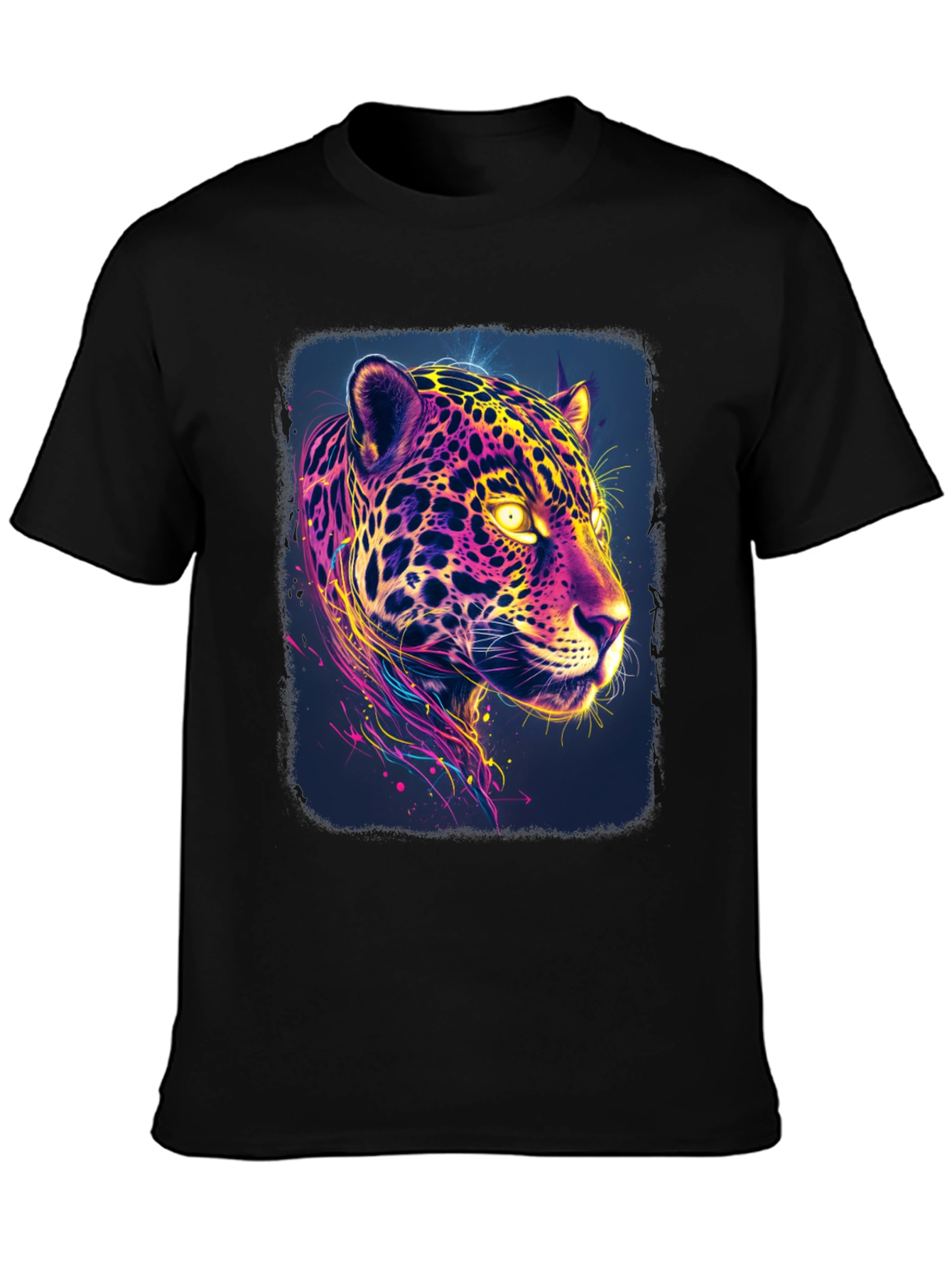 Black Vibrant Neon Jaguar Graphic Black T-Shirt view 3