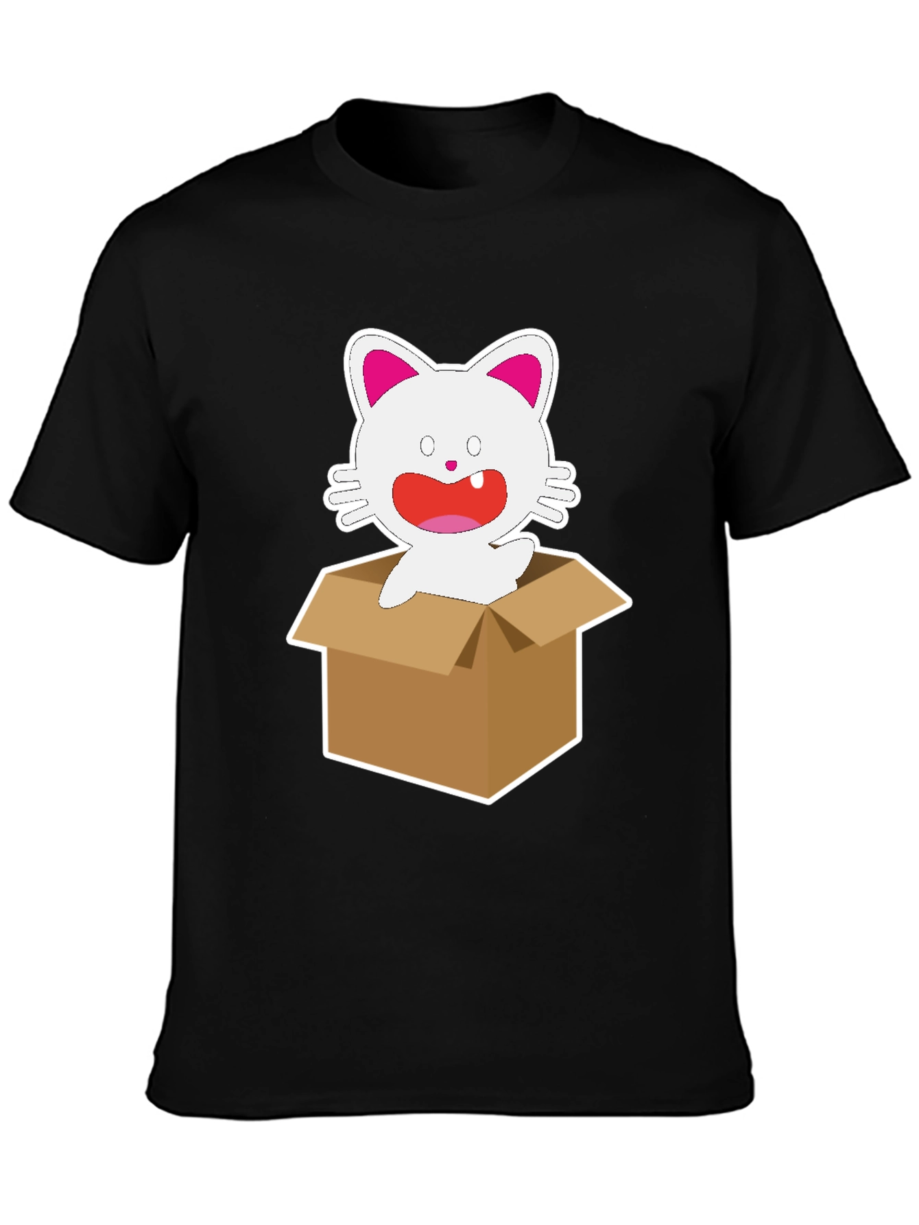 Black Cartoon Cat in Box Graphic Tee - Unisex Black T-Shirt view 3