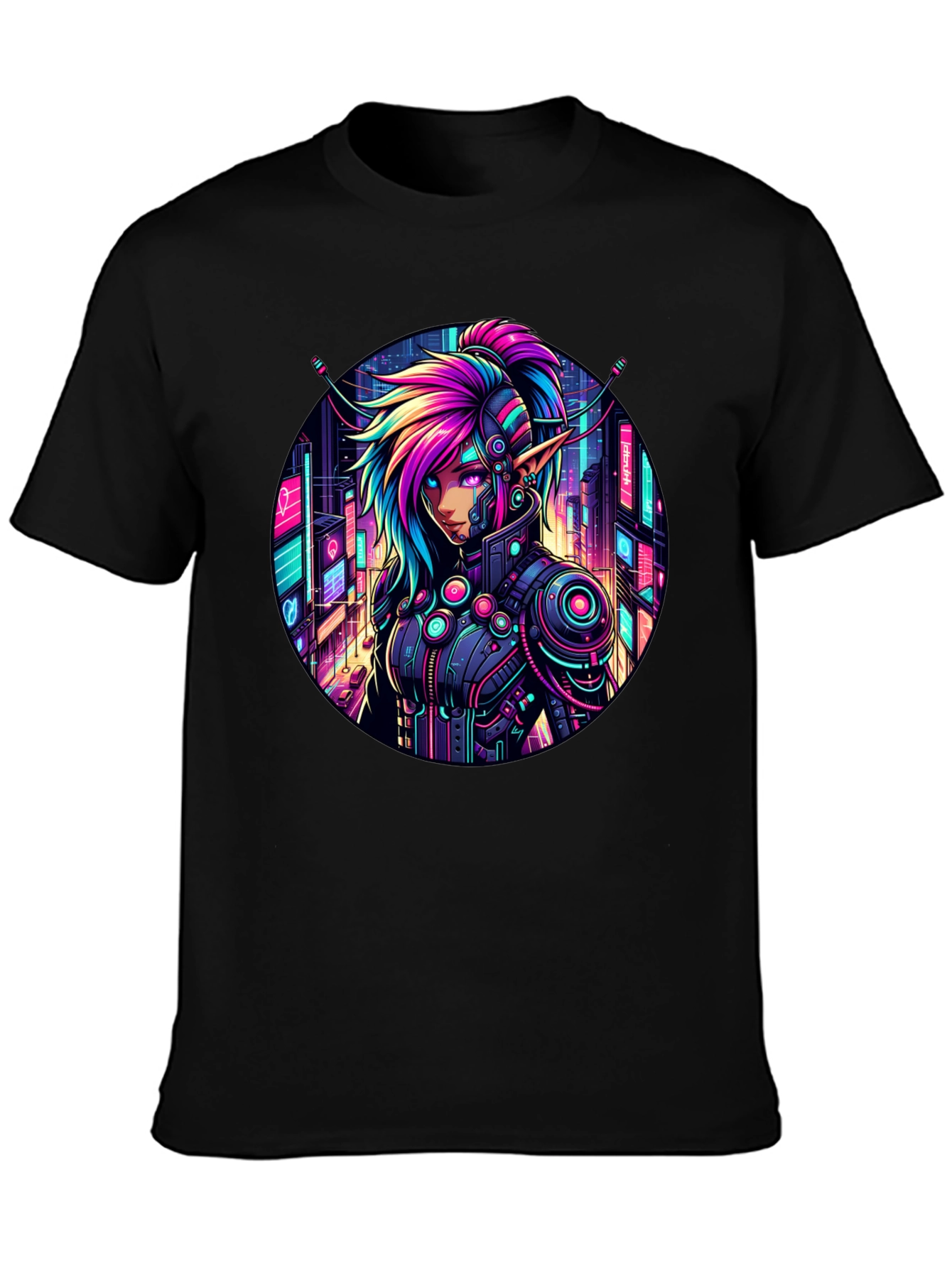 Black Cyberpunk Elf T-Shirt: Neon Cityscape Graphic Tee view 3