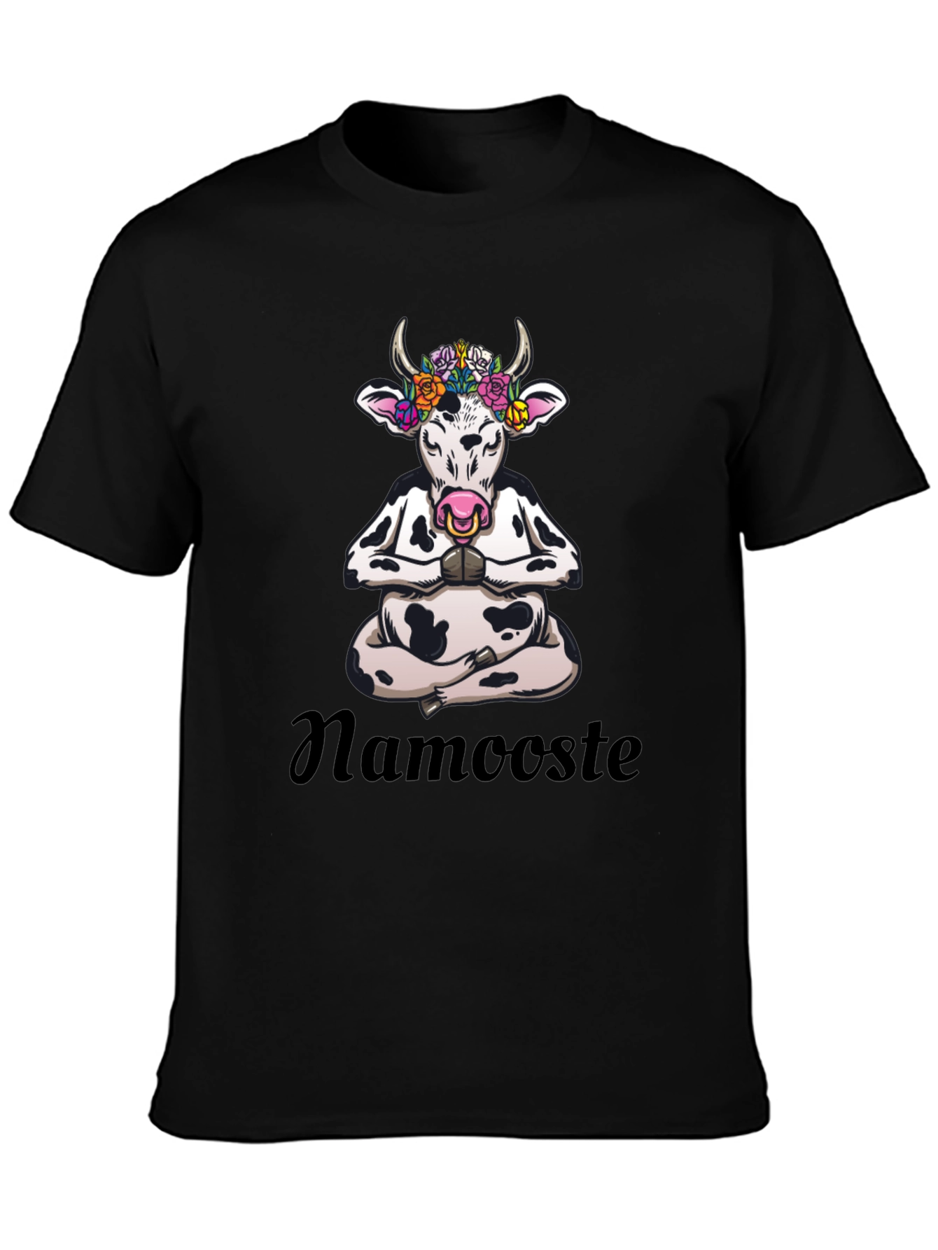 Black Namaste Cow T-Shirt: Meditating Cow with Flowers view 3