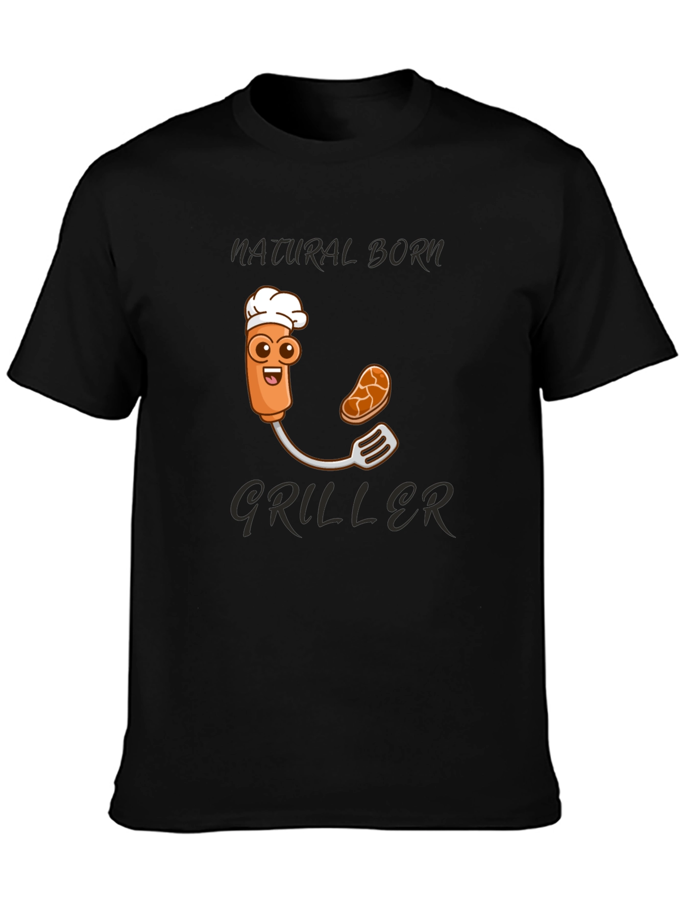 Black Natural Born Griller T-Shirt - BBQ Cartoon Chef view 3