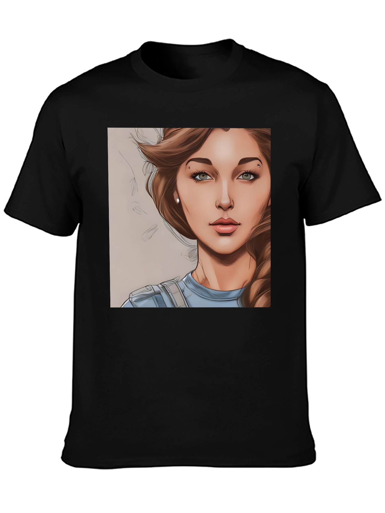 Black Woman Cartoon Portrait Black T-Shirt view 3
