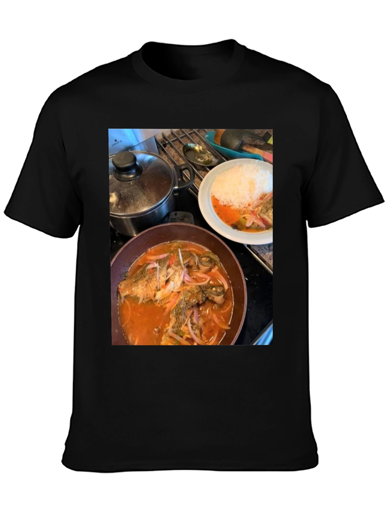 Black Foodie T-Shirt: Delicious Fish Dish Design view 3