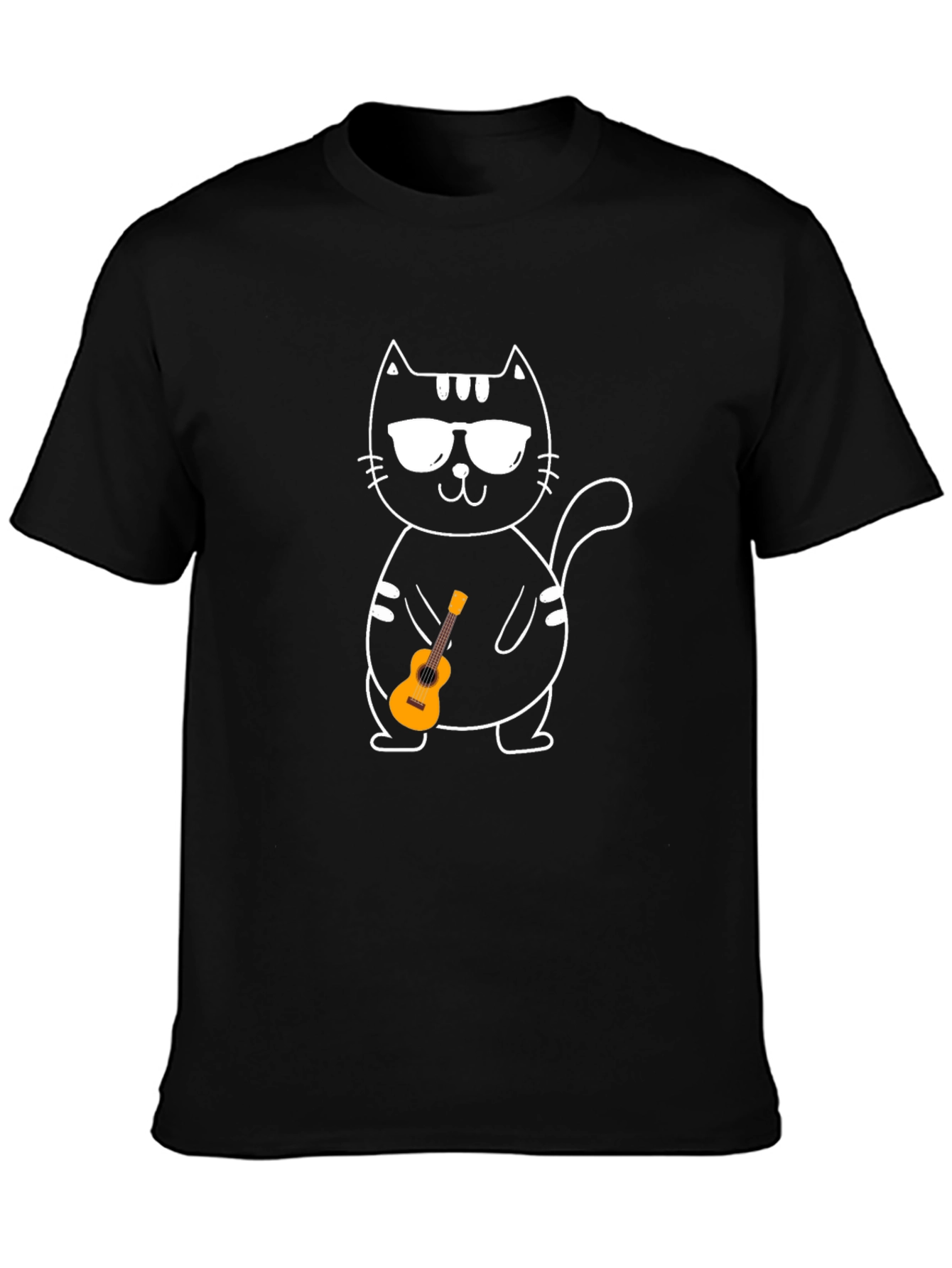 Black Cool Cat Ukulele Graphic T-Shirt view 3