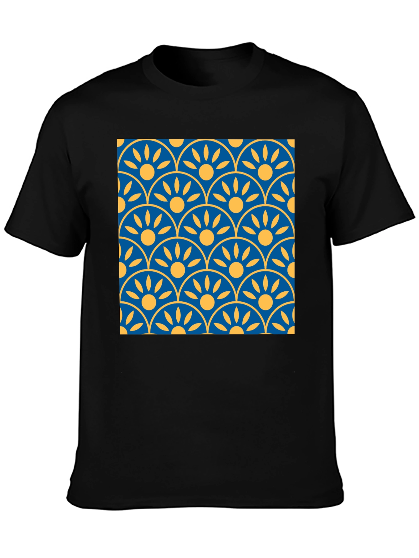 Black Patterned T-Shirt: Blue & Yellow Graphic Tee view 3