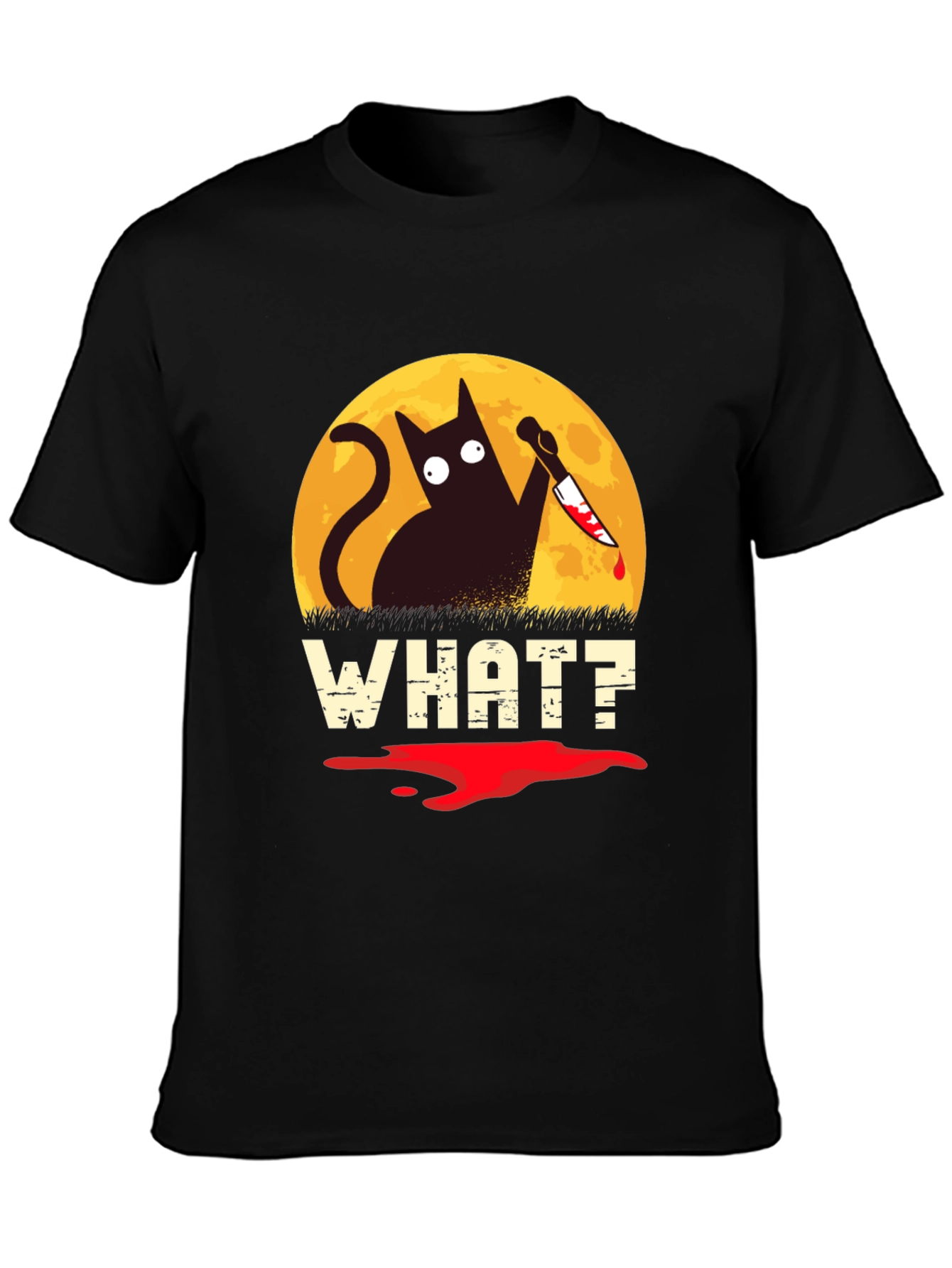 Black Funny Cat What? T-Shirt Halloween Black Cat with Knife Tee view 3