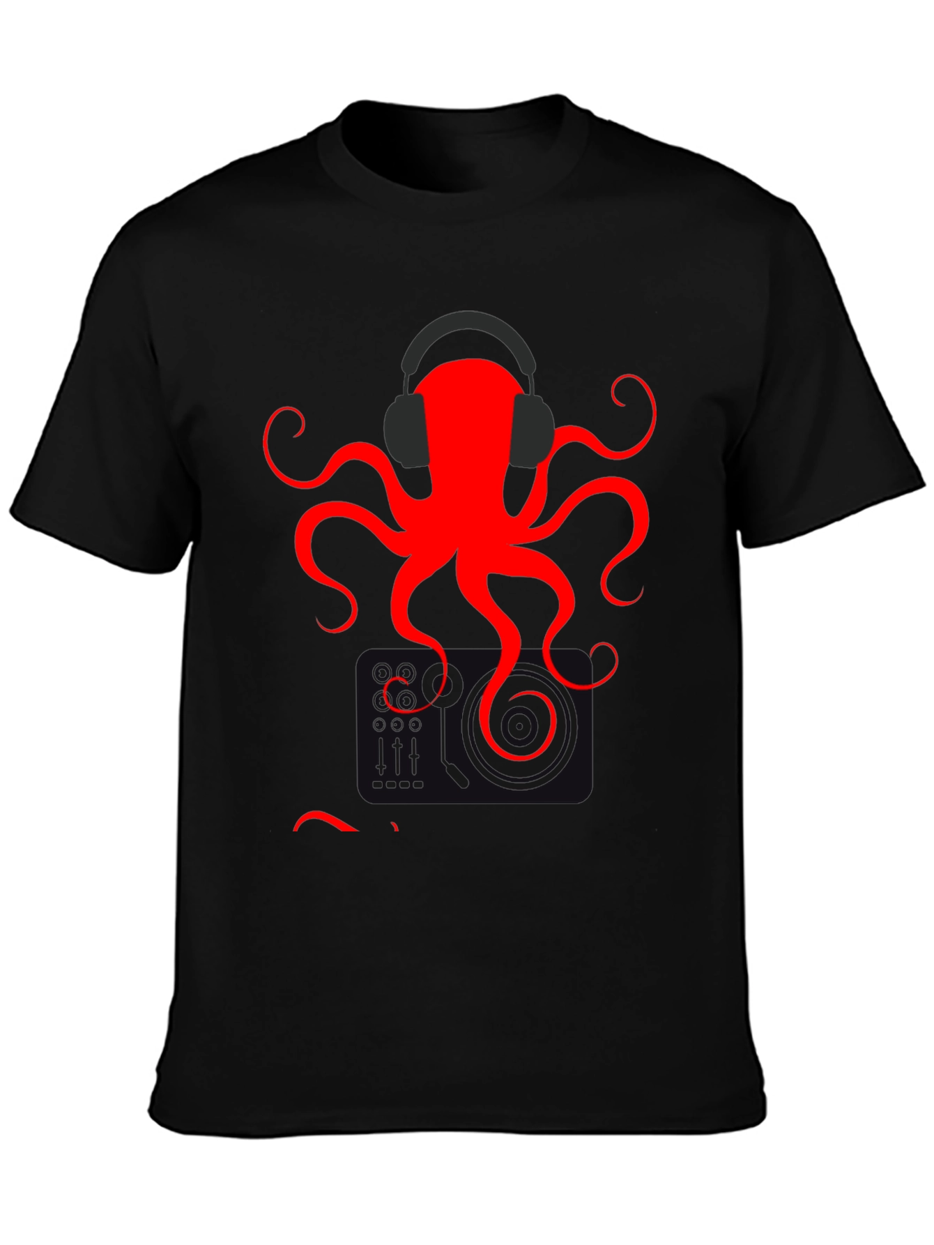 Black Red Octopus Headphones Graphic T-Shirt view 3