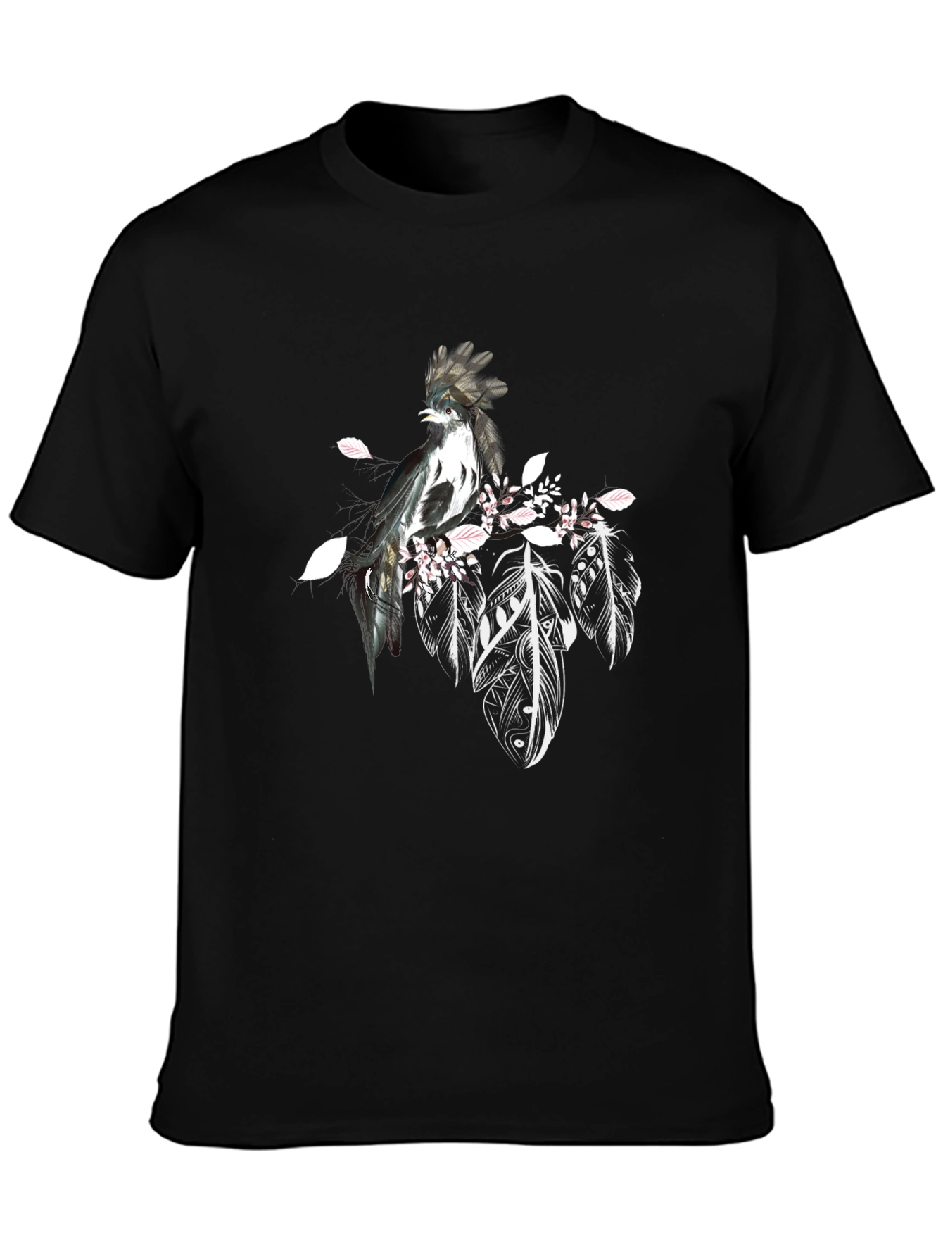 Black Black T-Shirt with Bird and Feathers Design view 3
