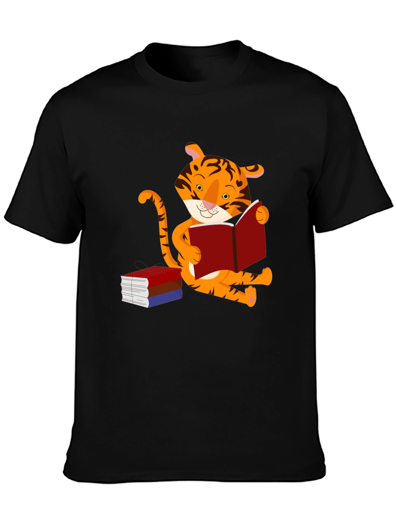 Black Cute Tiger Reading Book Graphic T-Shirt view 3