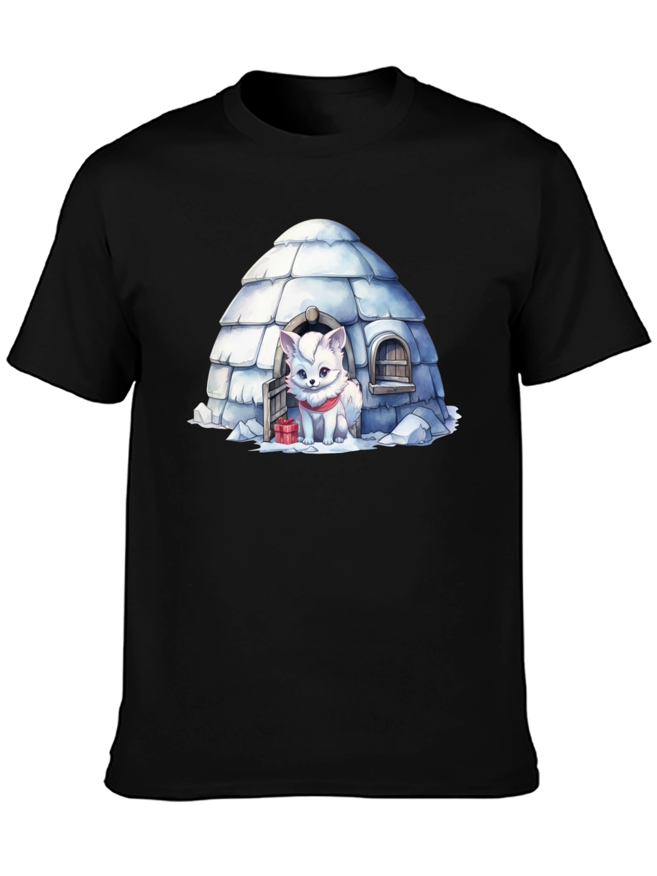 Black Cute Arctic Fox in Igloo Graphic Tee view 3
