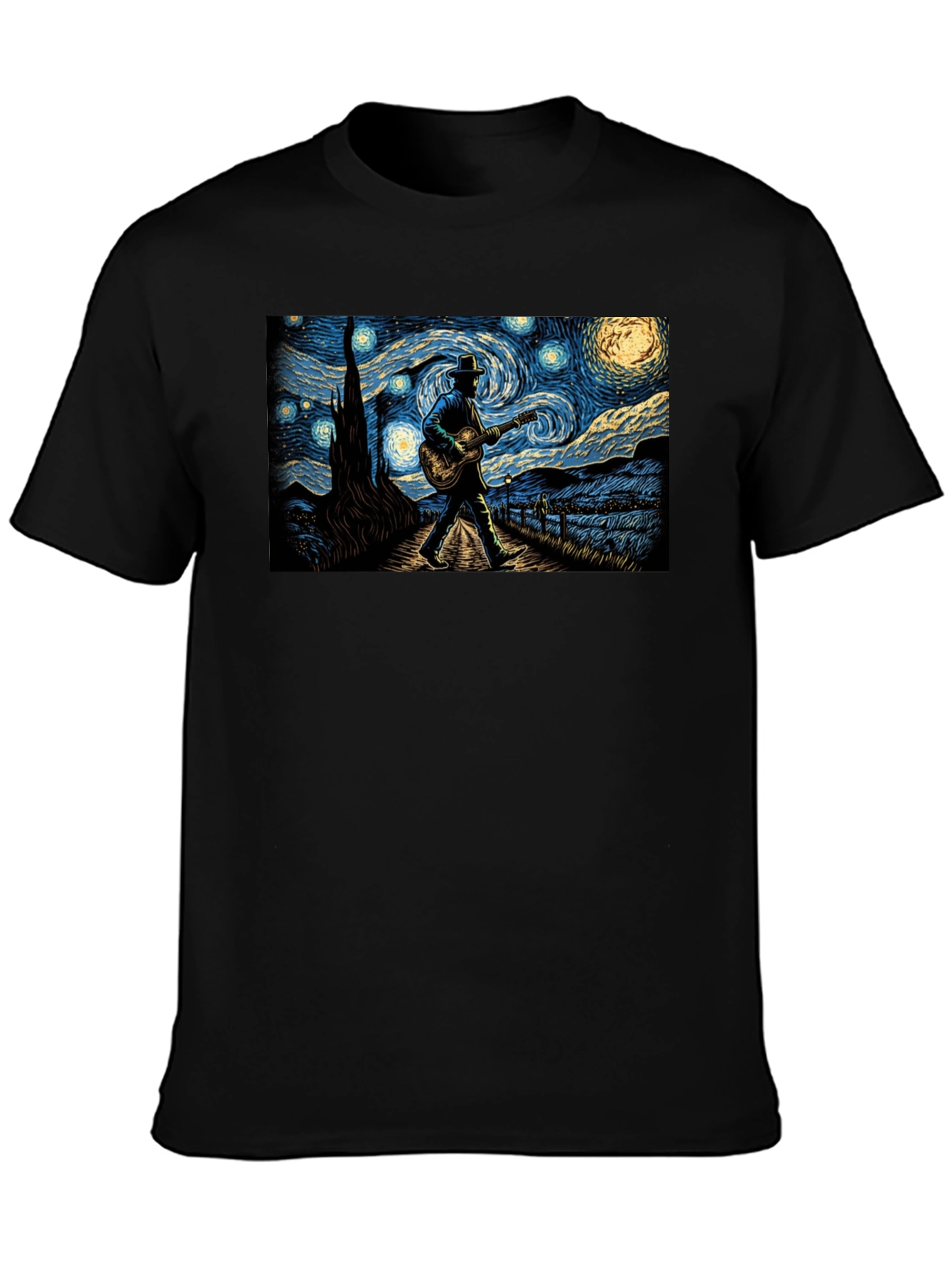 Black Starry Night Guitar Player Graphic Tee view 3