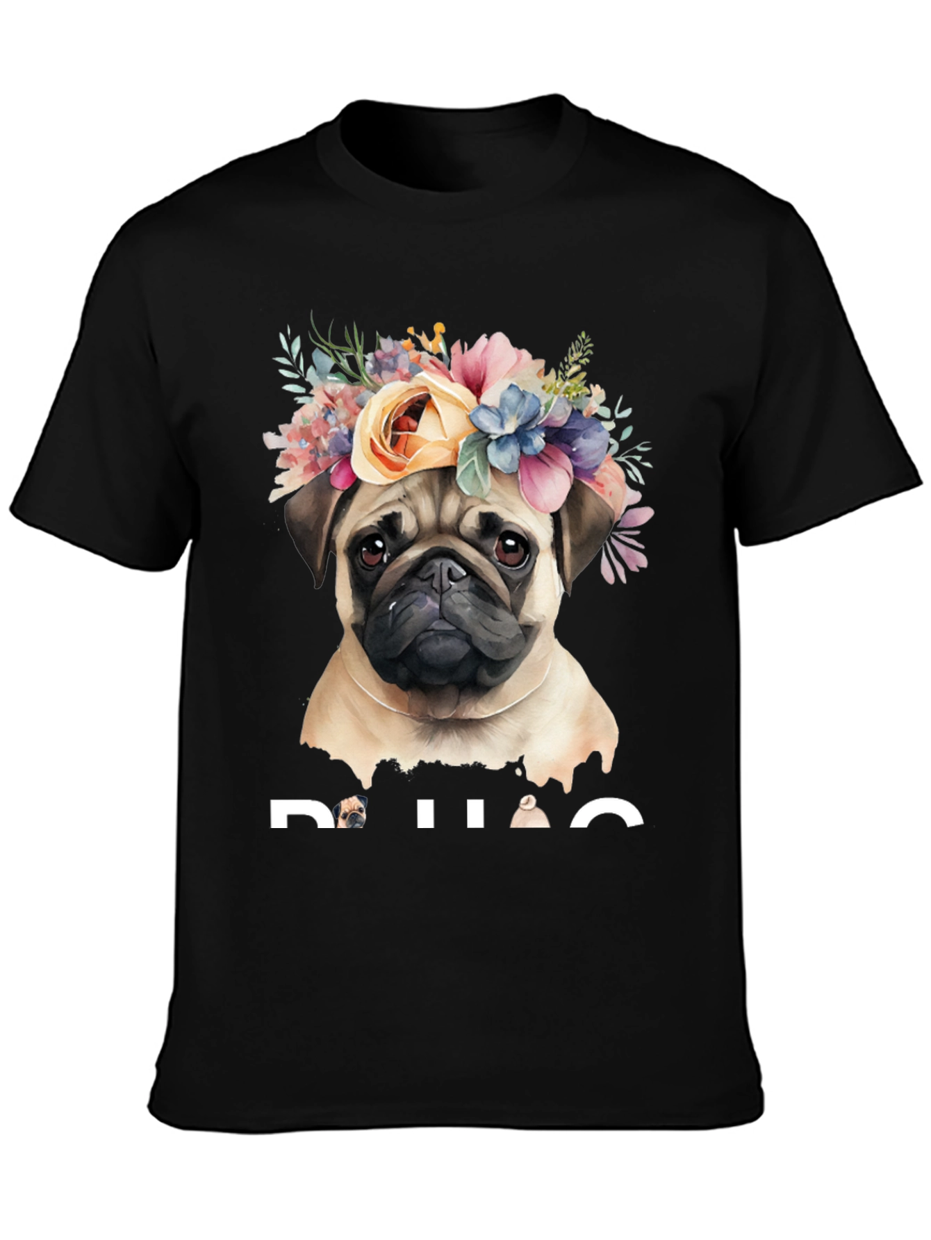 Black Pug Floral Crown Graphic Tee - Black Cotton T-Shirt view 3