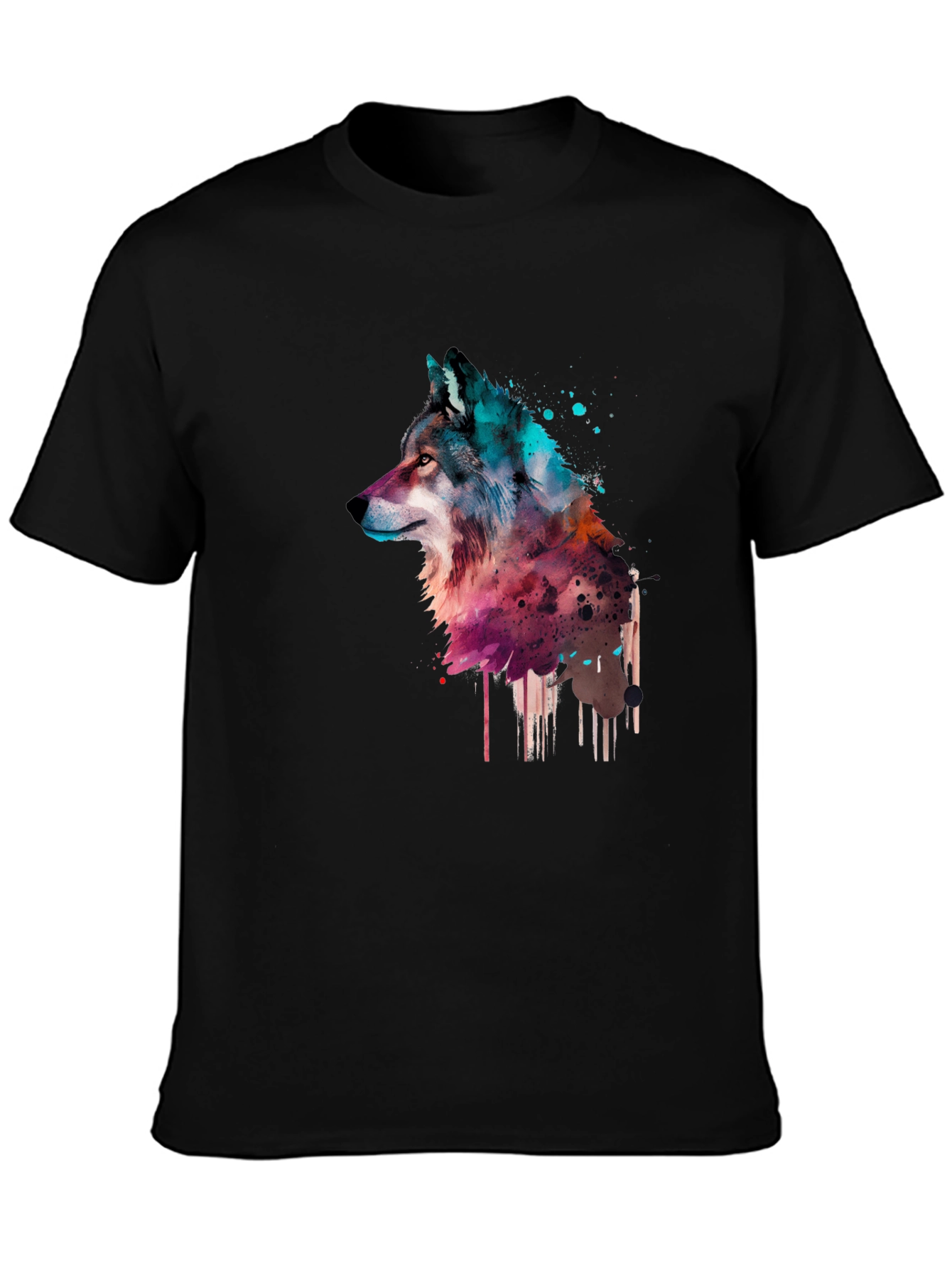 Black Watercolor Wolf Graphic Black T-Shirt view 3