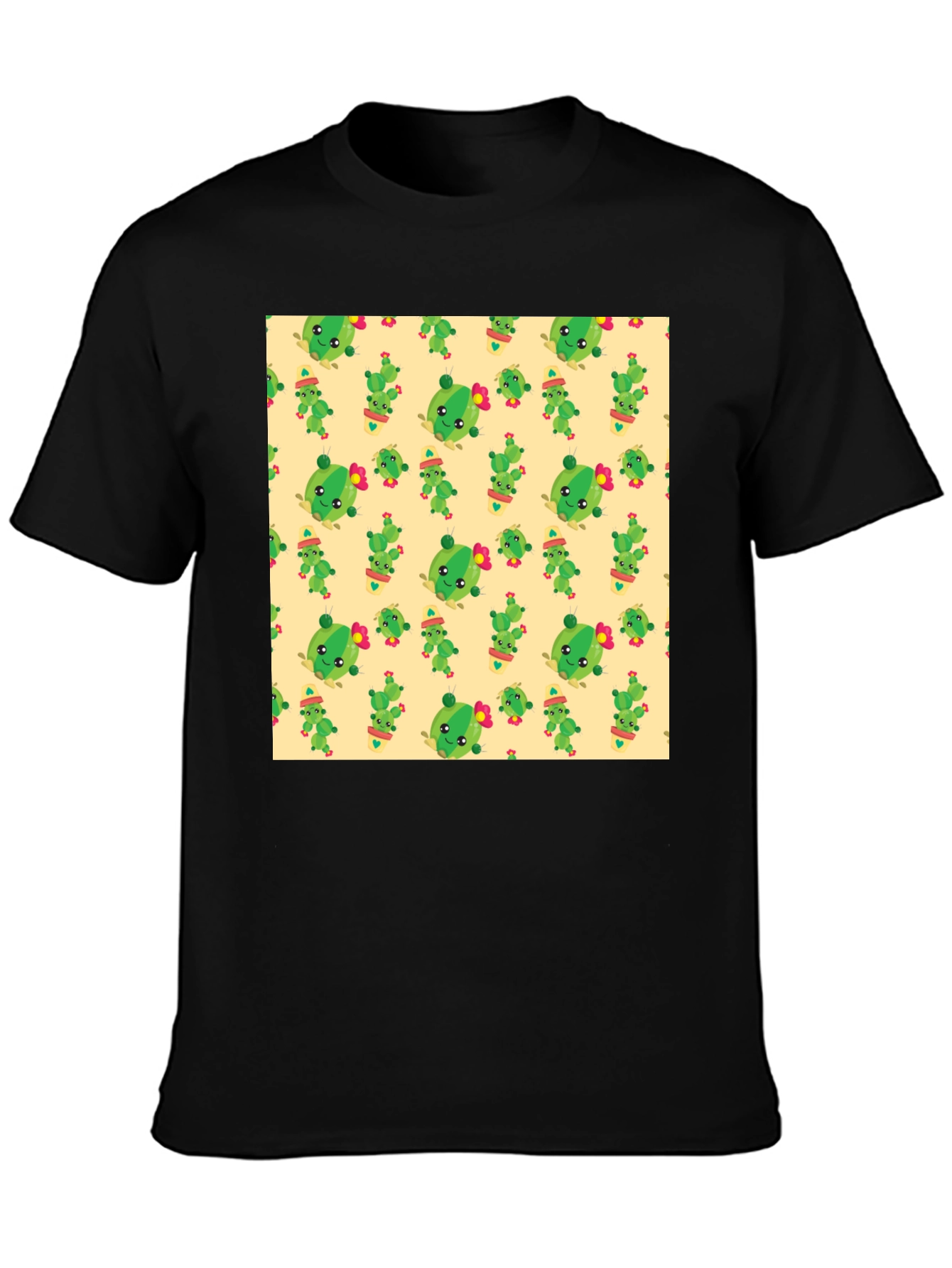 Black Cute Cactus Pattern Black T-Shirt view 3