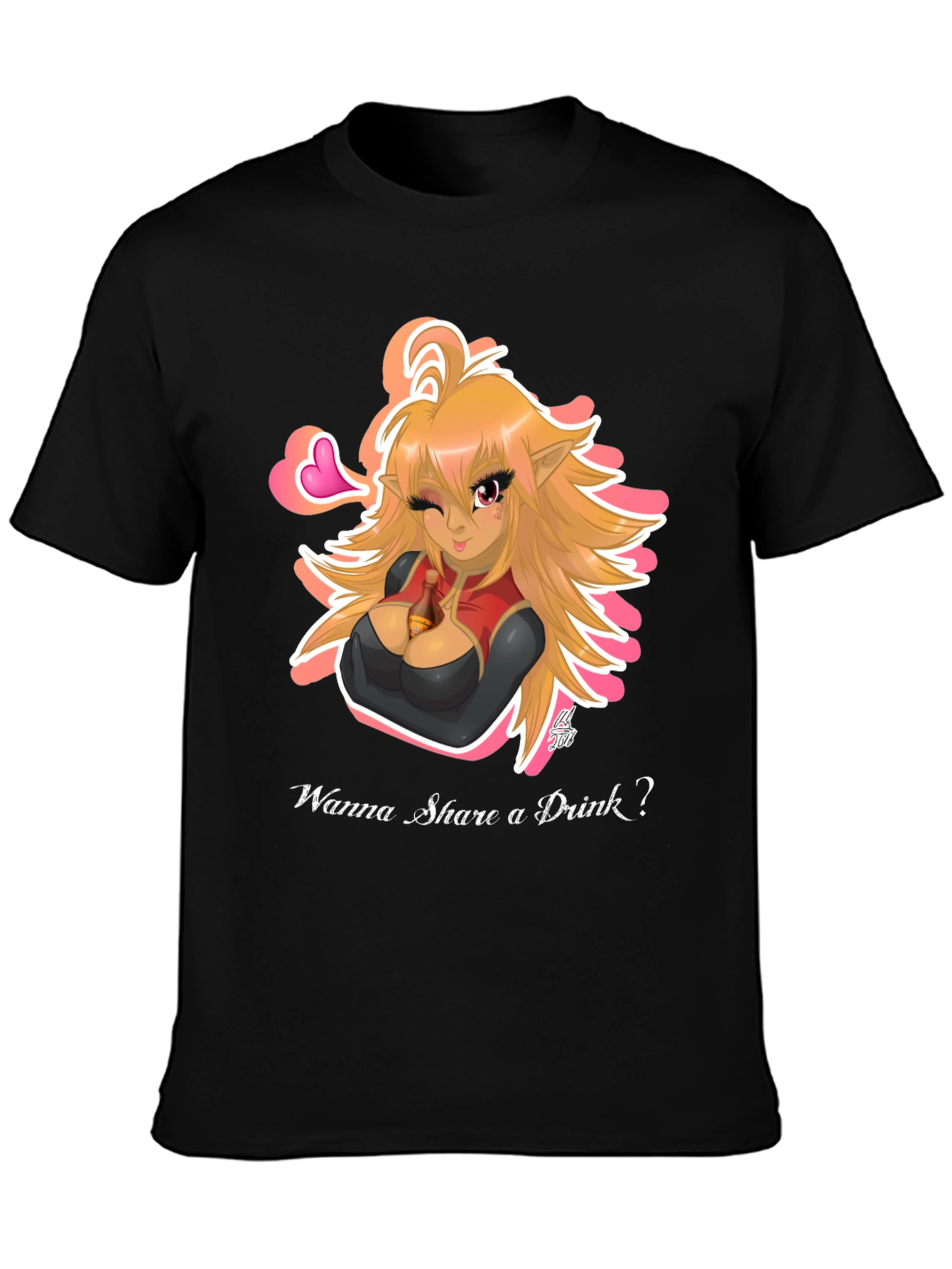 Black Anime Girl "Wanna Share a Drink?" Black T-Shirt view 3