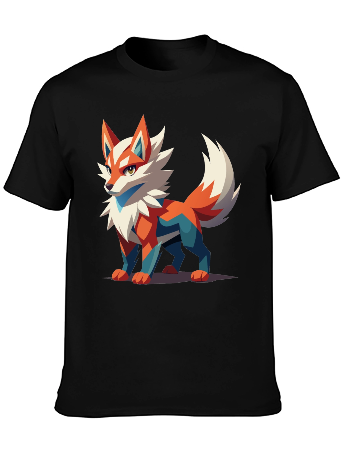 Black Men's Black T-Shirt with Geometric Fox Graphic view 3