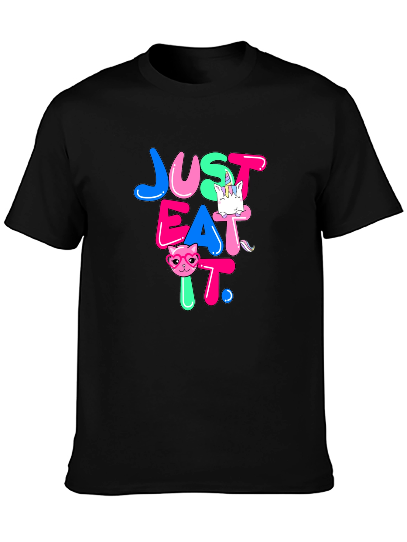 Black Just Eat It Graphic T-Shirt - Funny Cat & Unicorn Design view 3