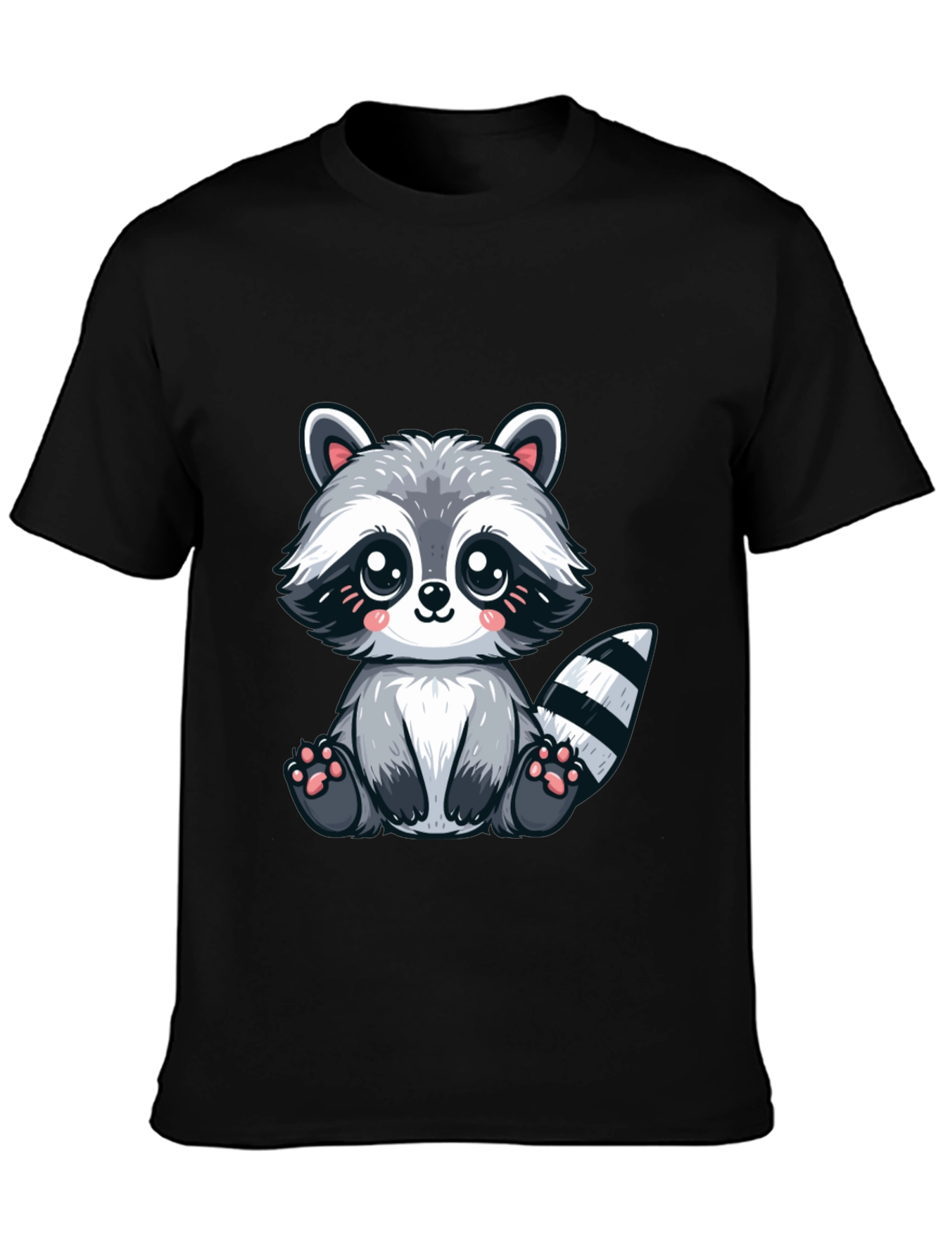 Black Cute Cartoon Raccoon Graphic Tee - Soft Black Cotton view 3